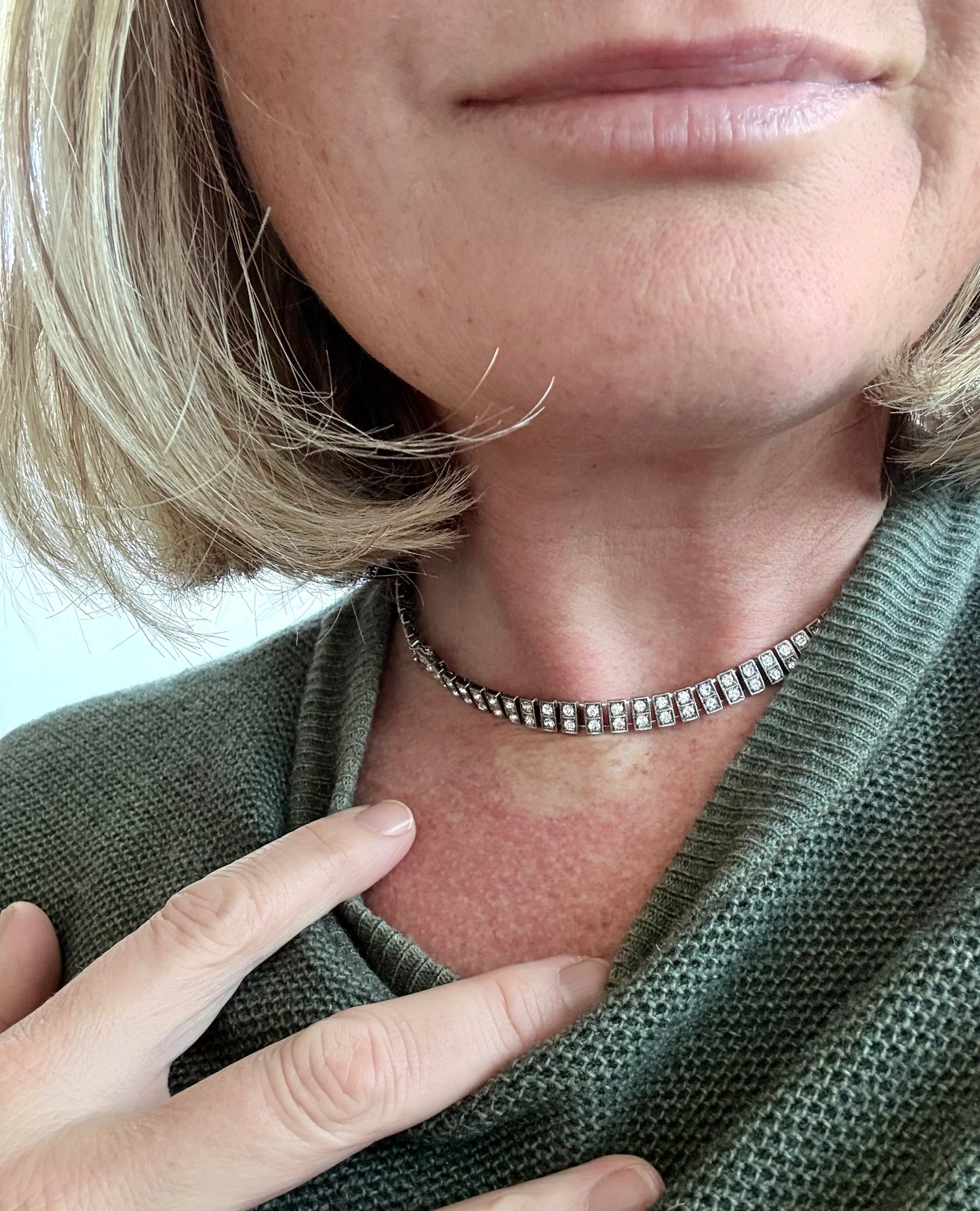 .1930s .1940s .925 Art Deco style double paste stone tennis style sterling silver choker necklace