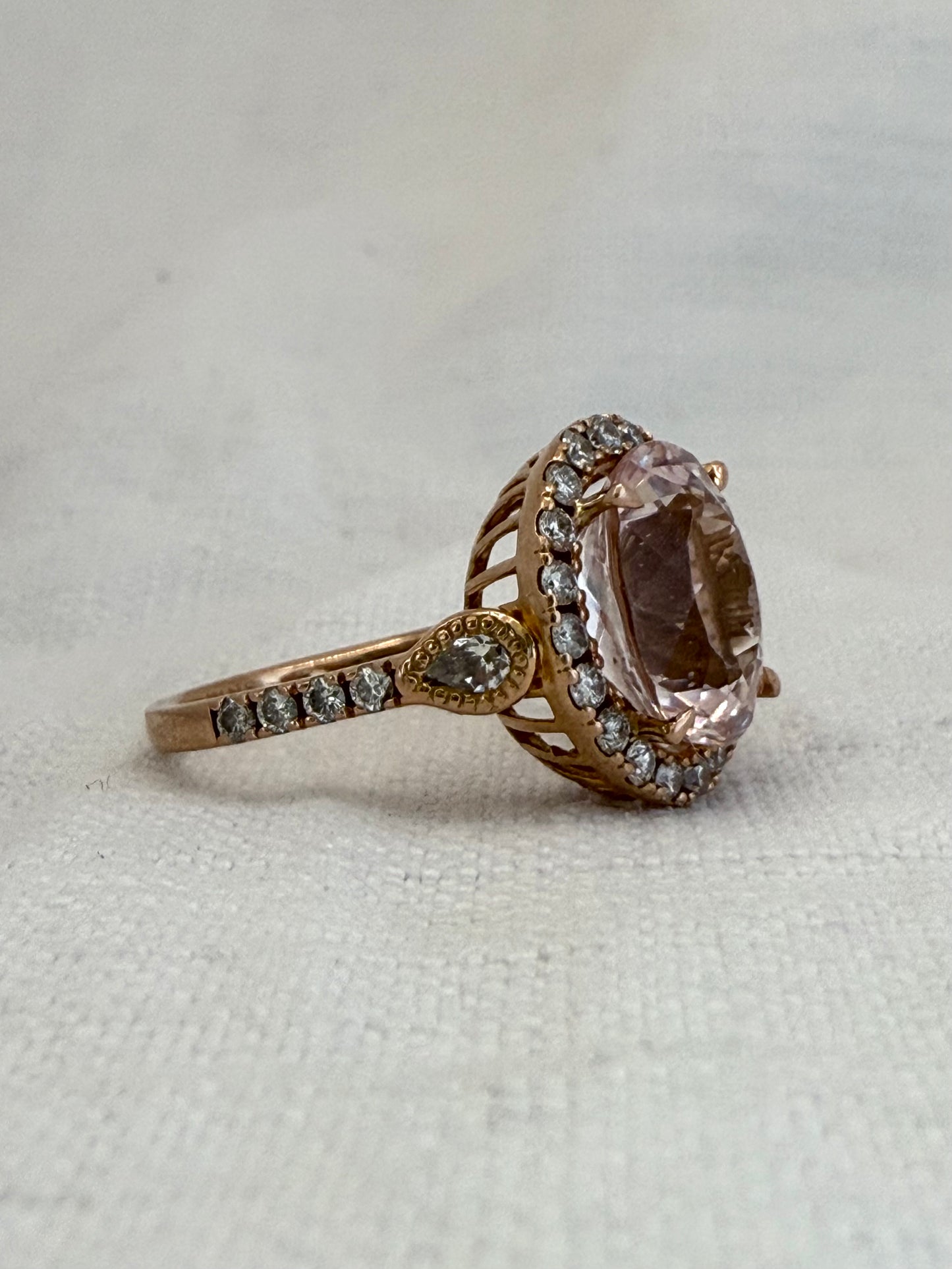 0.85ct 30 Diamond and Browns designer large Oval Pink Morganite gemstone 18ct luxury gold halo ring