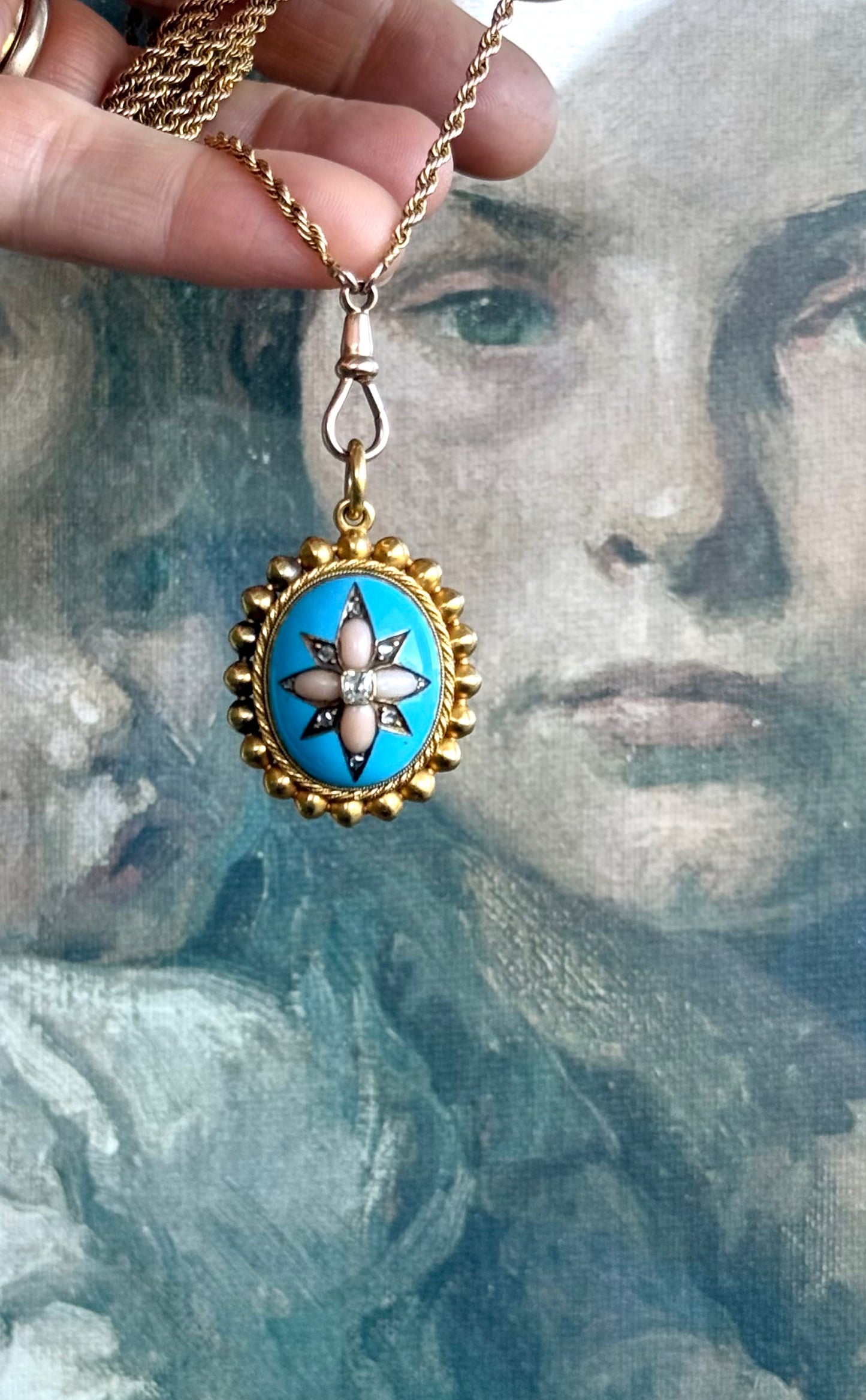 .15ct .1850s .1860s antique Victorian Yellow Gold Cushion cut Diamond Rose Cut Diamond star starburst Angel Coral and Blue Enamel Etruscan Revival Beaded border Mourning locket pendant