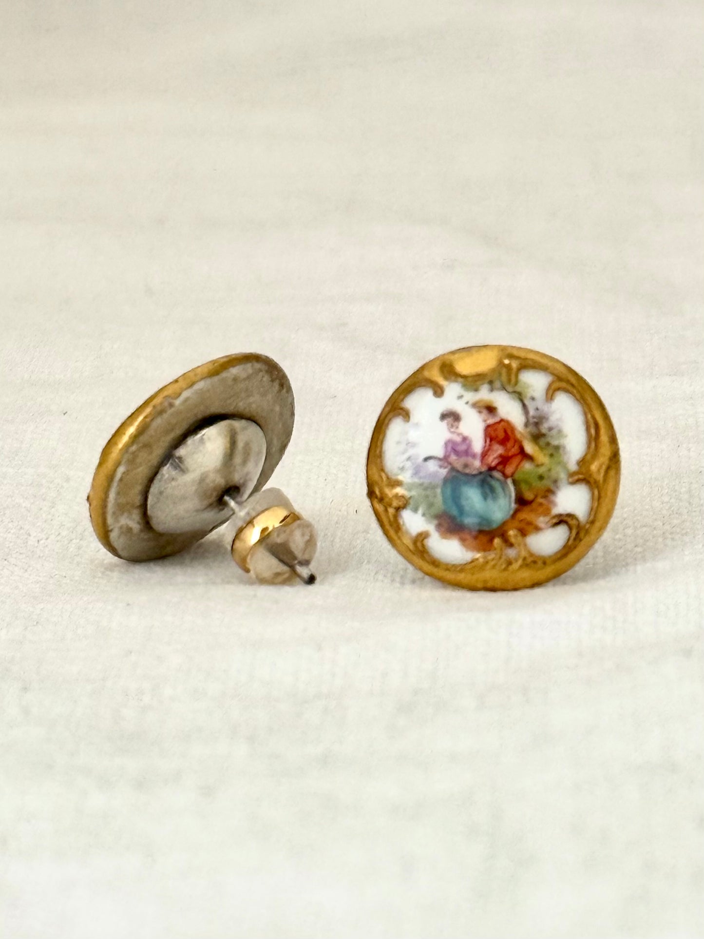 .1940s era Limoges hand painted romantic vintage porcelain button earrings