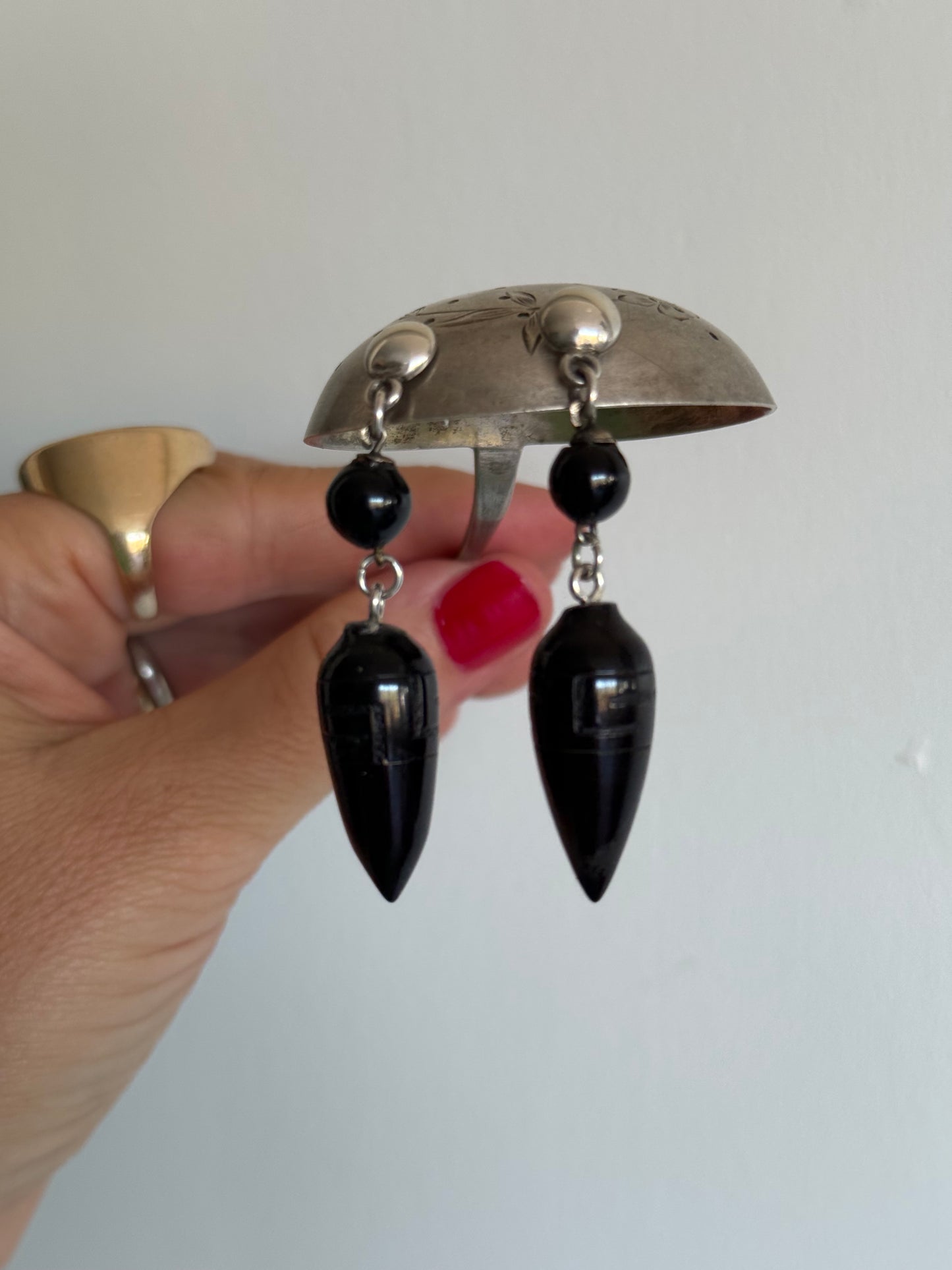 .1860s 835 silver Hellenistic revival Victorian Whitby Jet torpedo drop earrings