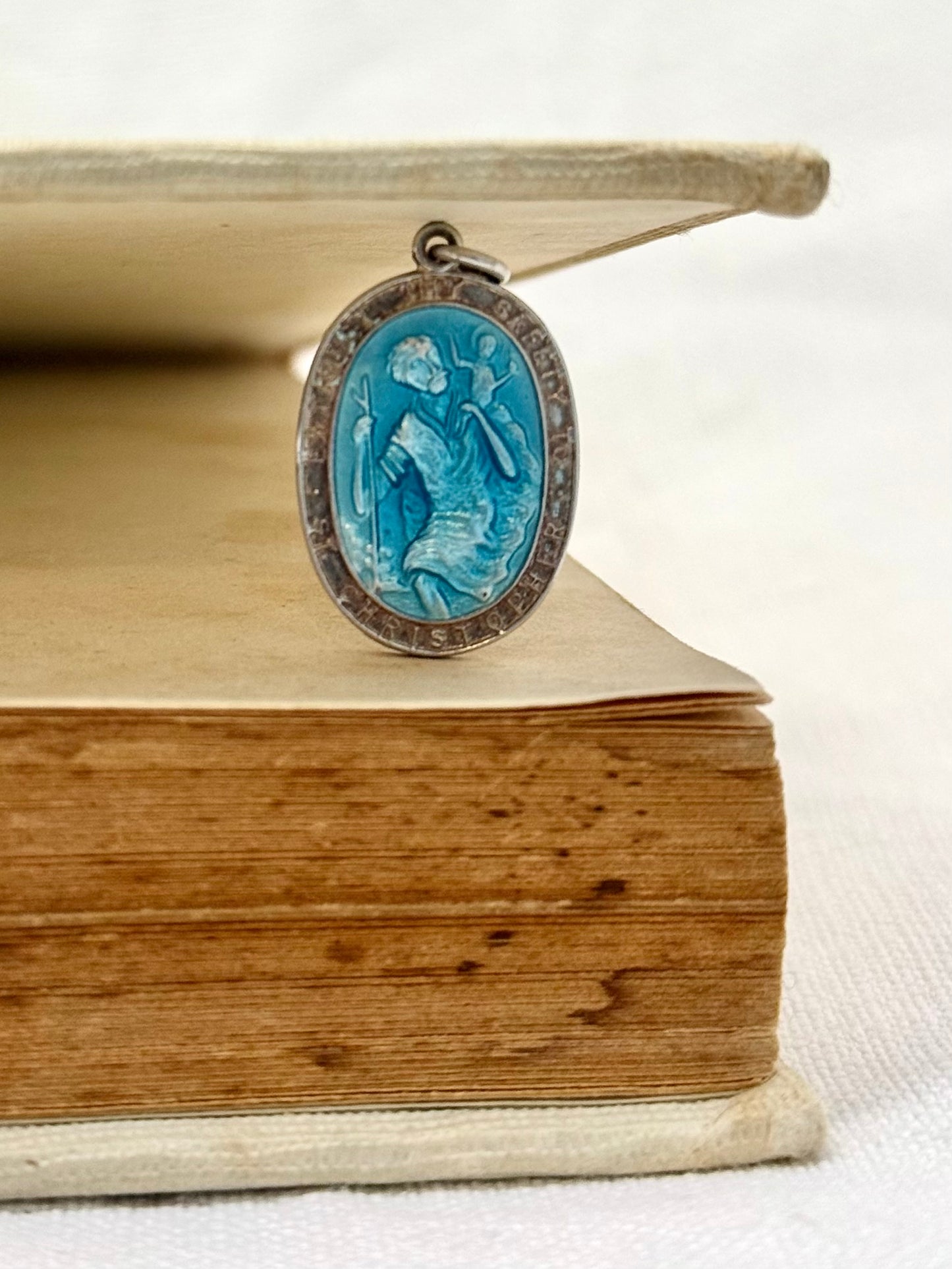.1970s .925 Georg Jensen designer blue enamel Saint Christopher vintage religious treasured sterling silver token pendant