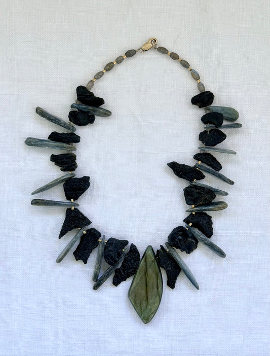 .925 artisan silver Blue kyanite crystals Labradorite abstract bib geological gemstone statement necklace