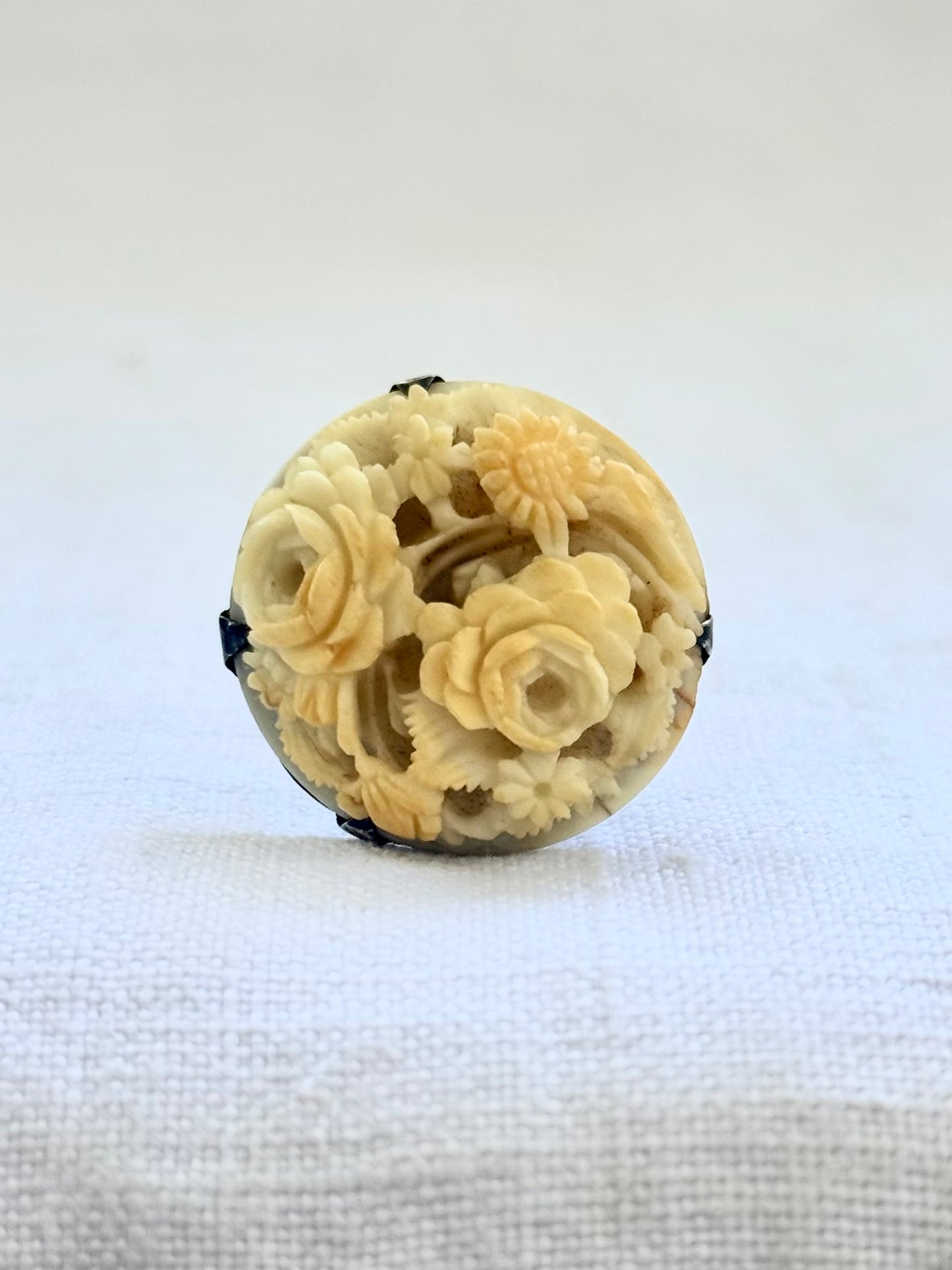 1890s .1900s antique artisan made Victorian Edwardian styled flower bouquet hand carved pre ban ivory bone Rose Daisy Forget me Not flower brooch