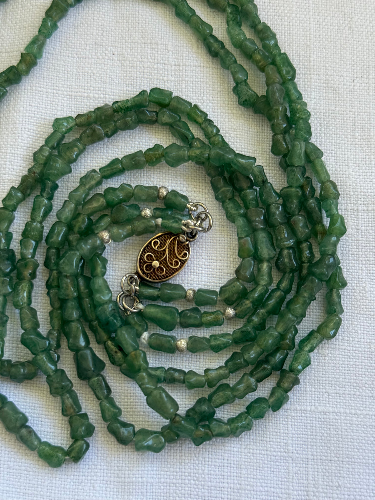 .1920s .1930s .1940s Chinese Aventurine “old Jade” Multi strand hand carved silver bamboo link export silver box clasp collectors necklace