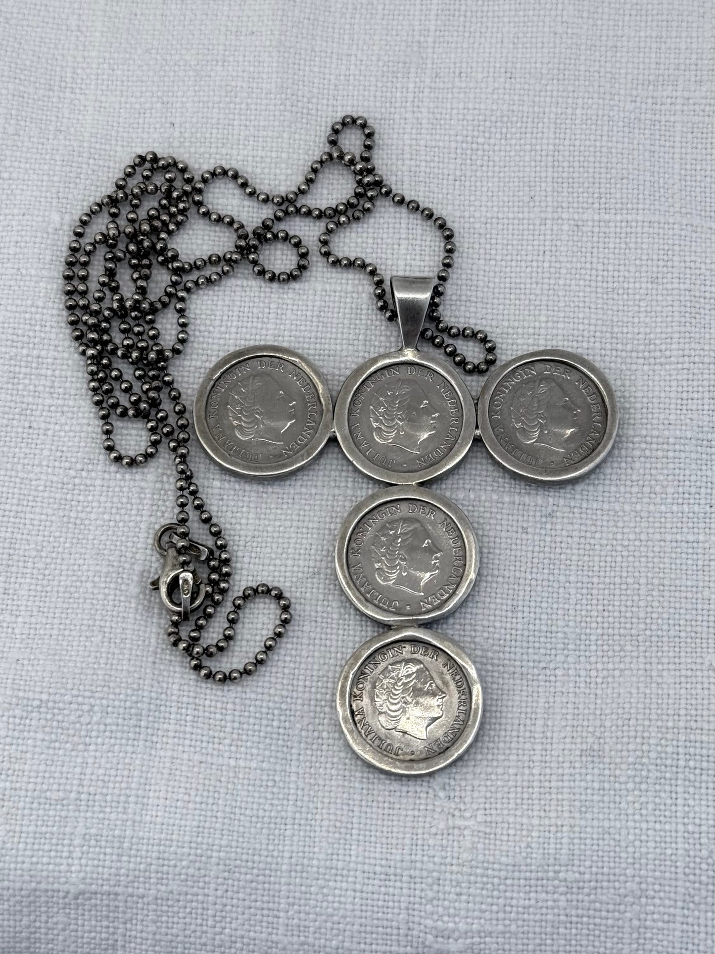 .1954 to .1980 .10 cents coin cross silver pendant on long lovely chain necklace