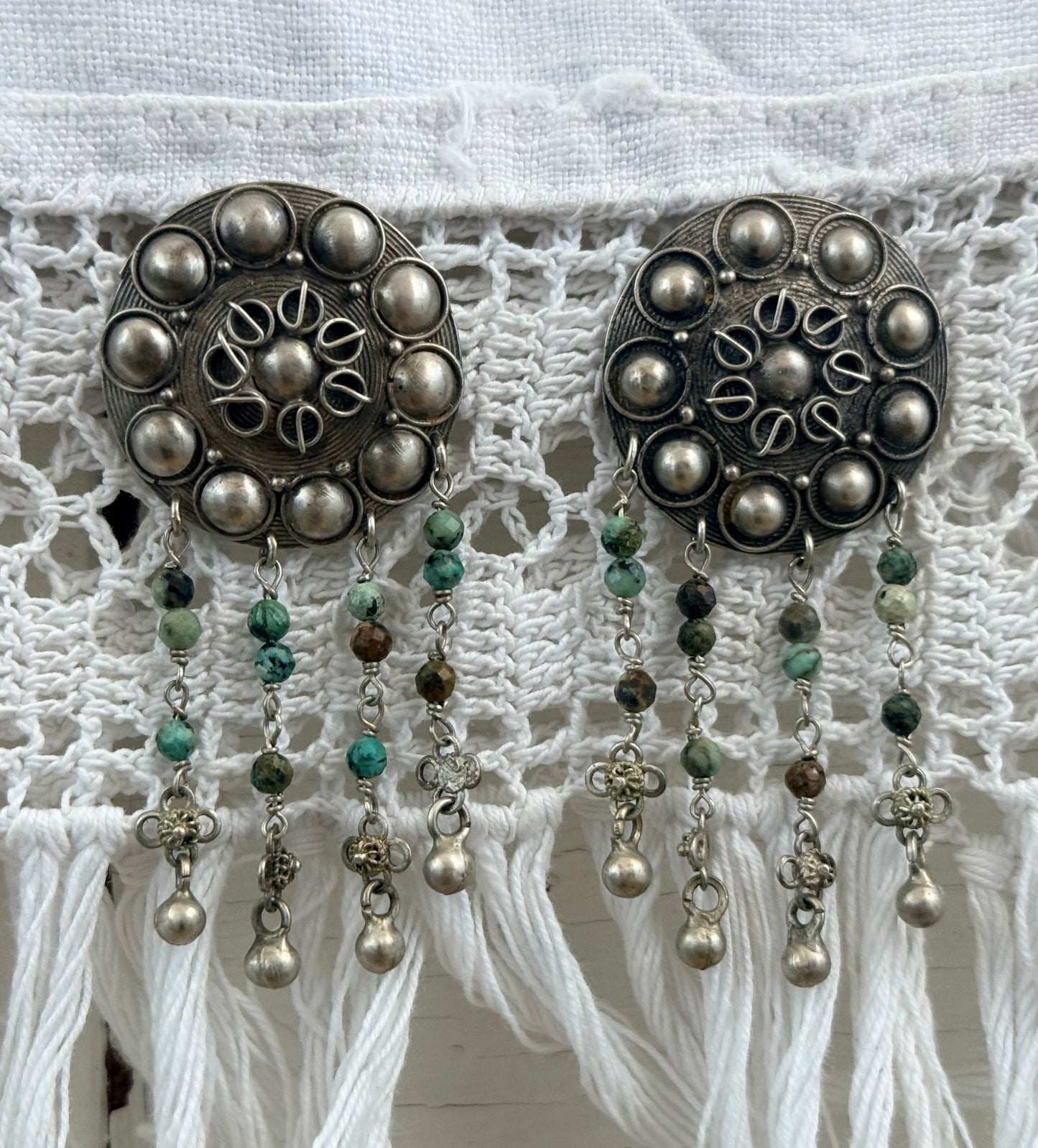 .925 HelenSilverSmit artisan made African Turquoise Tribal shield fringe dangle gemstone earrings