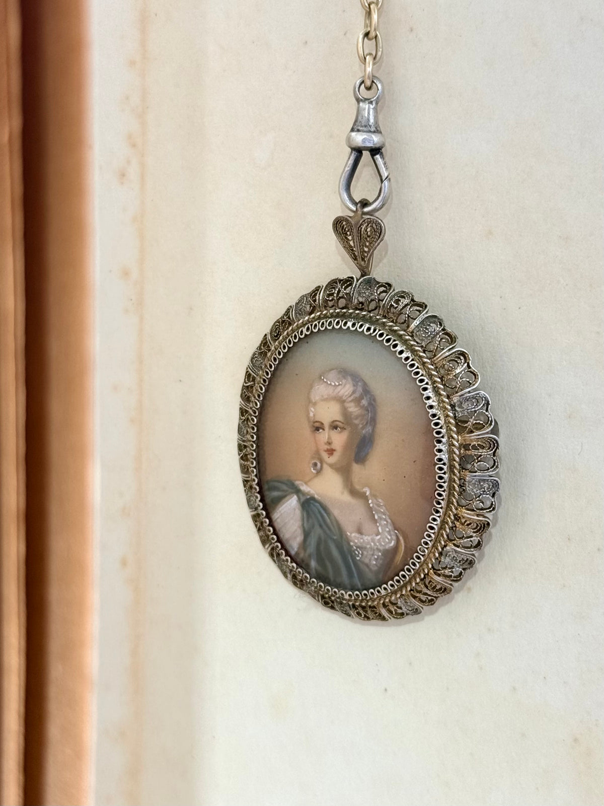 .1930s .1940s .800 Artist gold and silver incredible hand painted miniature Baroque revival portrait in fine silver filigree brooch and pendant