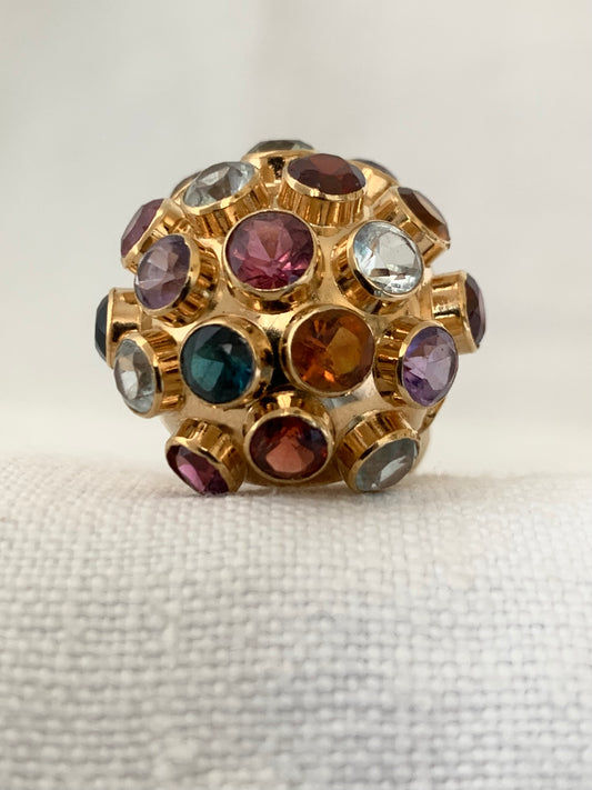 .18ct .1950s gloriuous Mid Century Modern yellow gold Sputnik gemstone studded designer studio made domed round ball 19 colourful multi gemstone cocktail ring