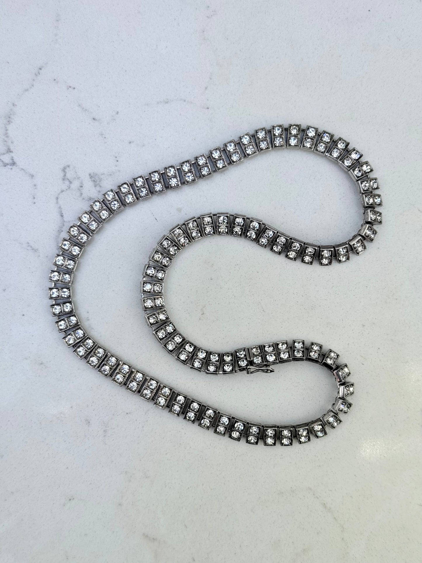 .1930s .1940s .925 Art Deco style double paste stone tennis style sterling silver choker necklace