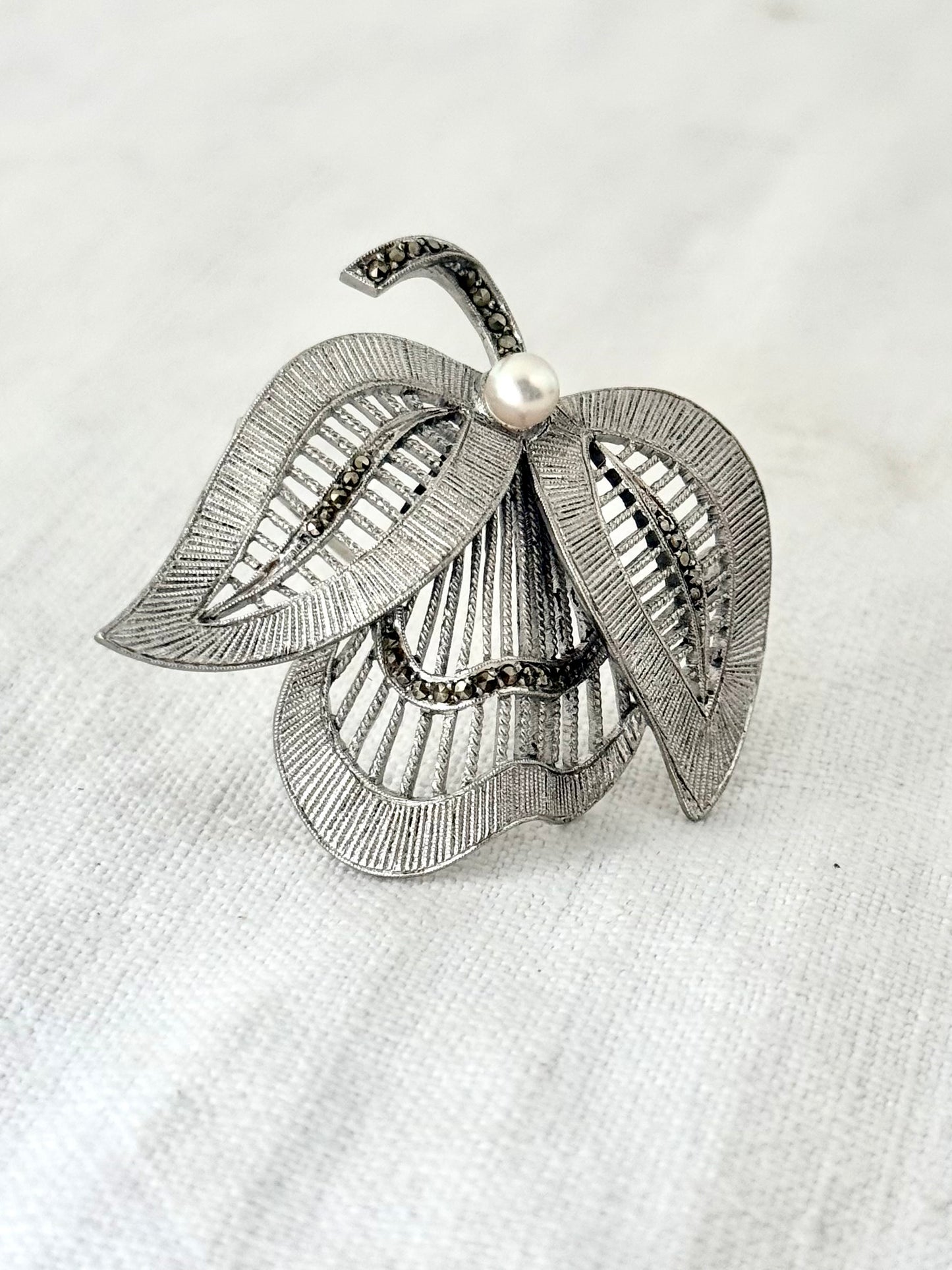 .1940s .1950s .925 Art Deco revival Theodor Fahrner designer Mid Century Modern geometric leaf and pearl renowned German sterling silver marcasite designer brooch pin