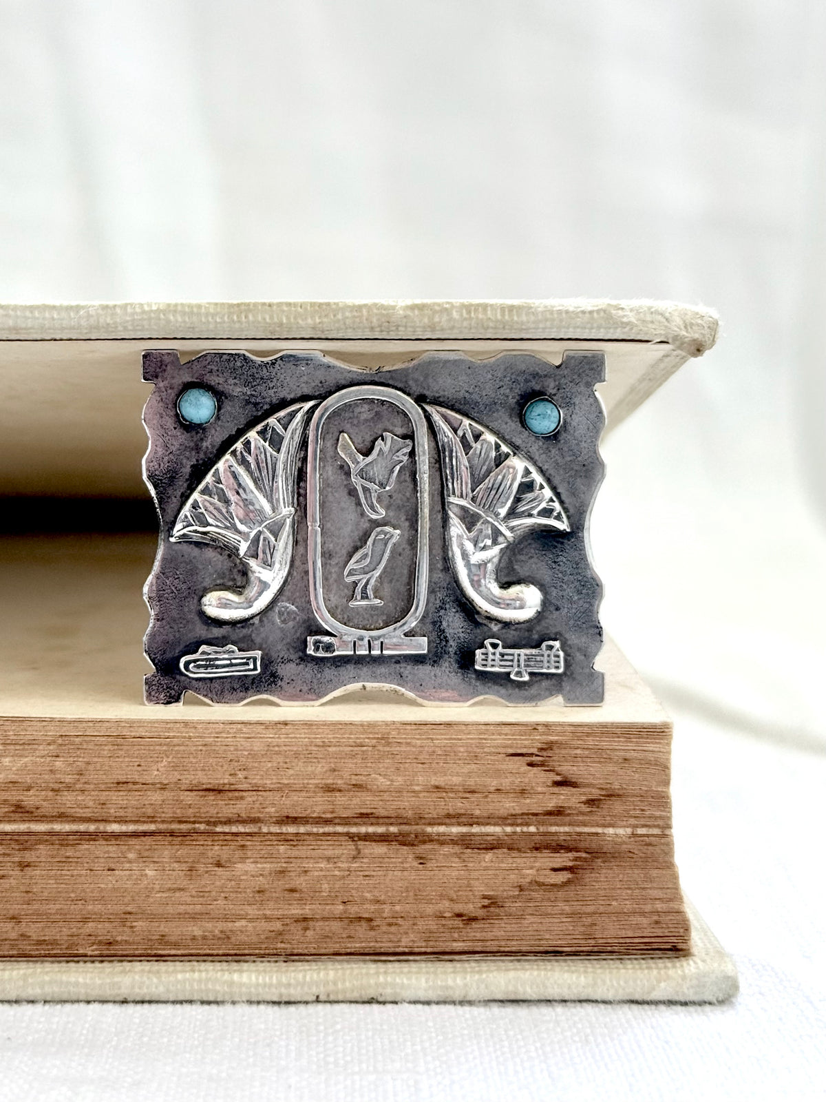 .1940s .800 Egyptian silver Arts & Crafts Hieroglyphics modernist silver and turquoise brooch pin