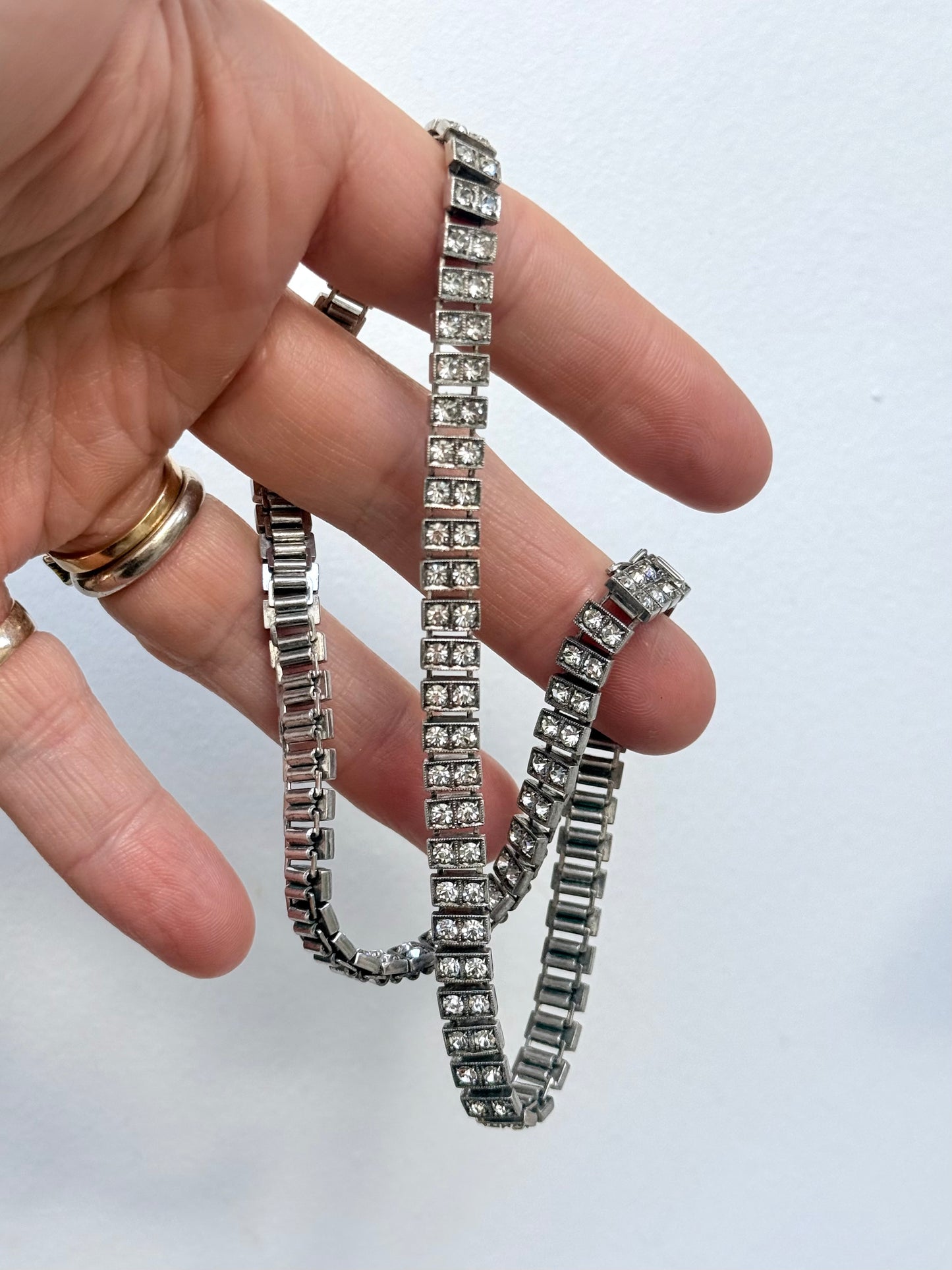.1930s .1940s .925 Art Deco style double paste stone tennis style sterling silver choker necklace