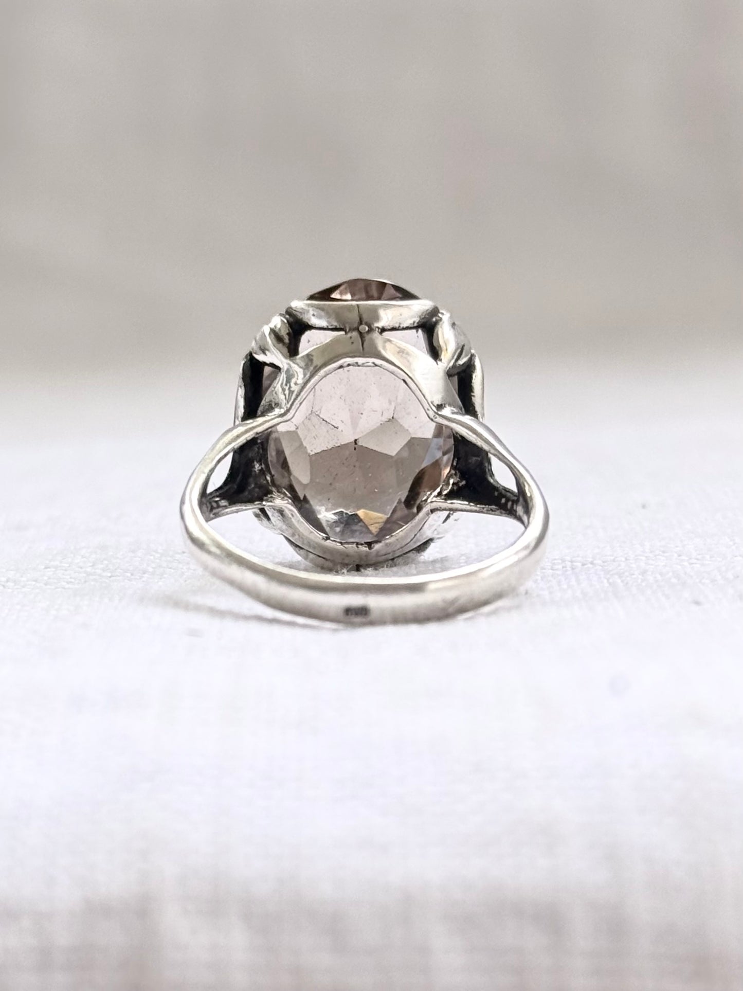.1960s .925 magnificent large Smoky Quartz gemstone Mid Century Modern grey brown moody faceted gemstone retro Modernist sterling silver cocktail ring