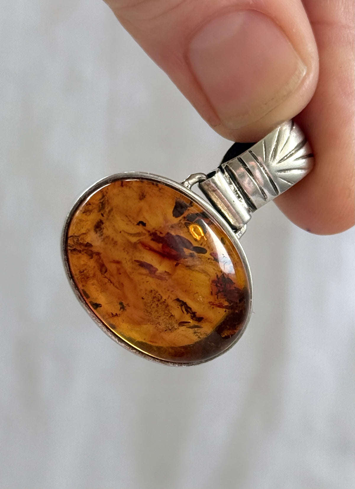 .925 Amber gemstone Artisan made modernist geometric shaped boho tribal style large Amber gemstone silver pendant
