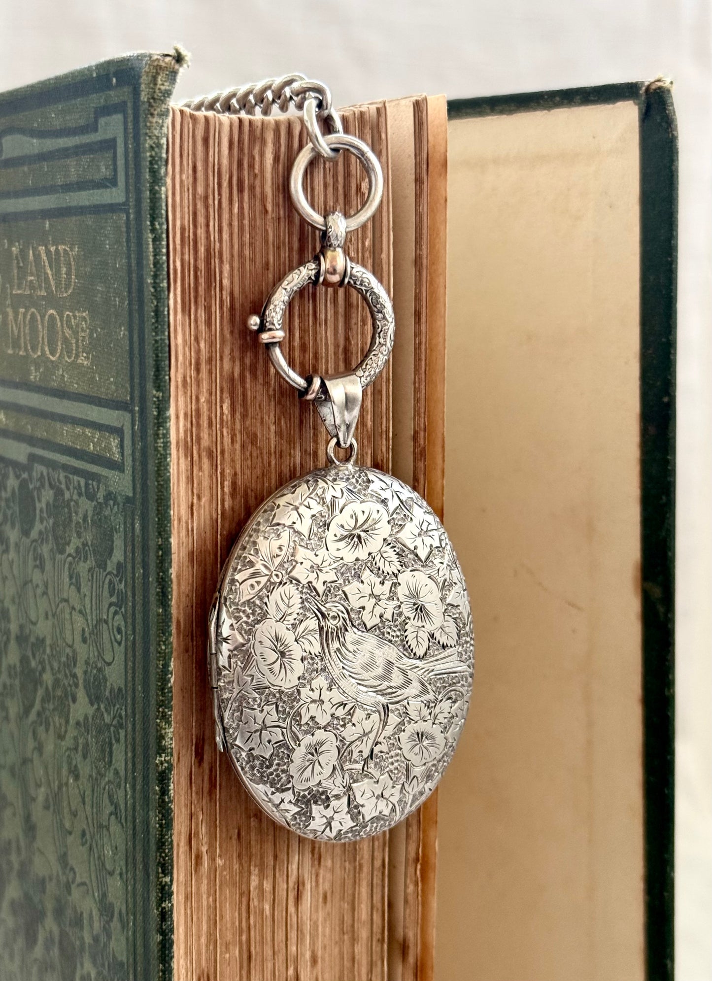 .1880s .1890s .925 large Victorian Aesthetic deep engraved Swallow and floral detailed antique French sterling silver locket
