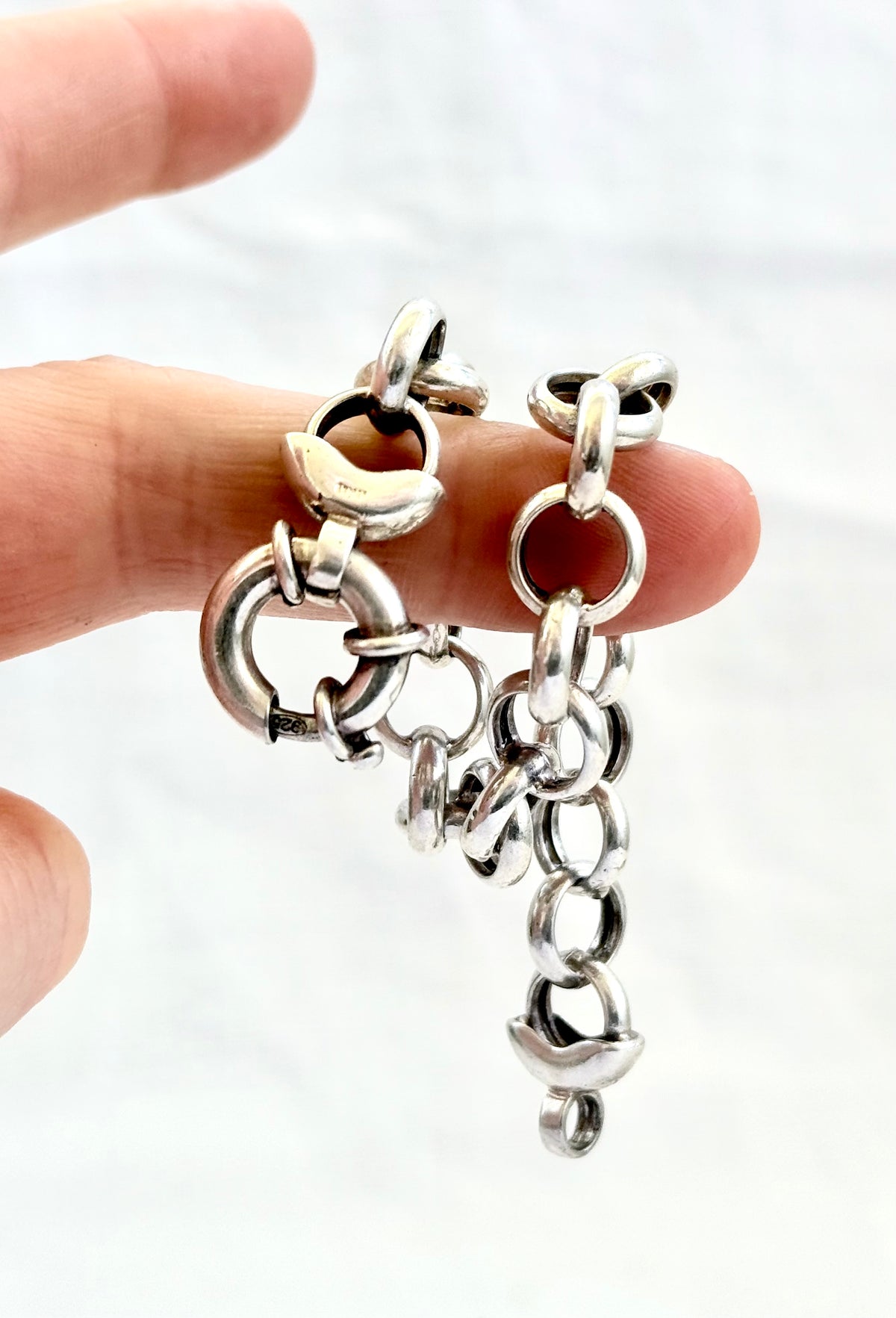 .925 chunky Rolo link sterling silver circle link signoretti clasp chain bracelet
