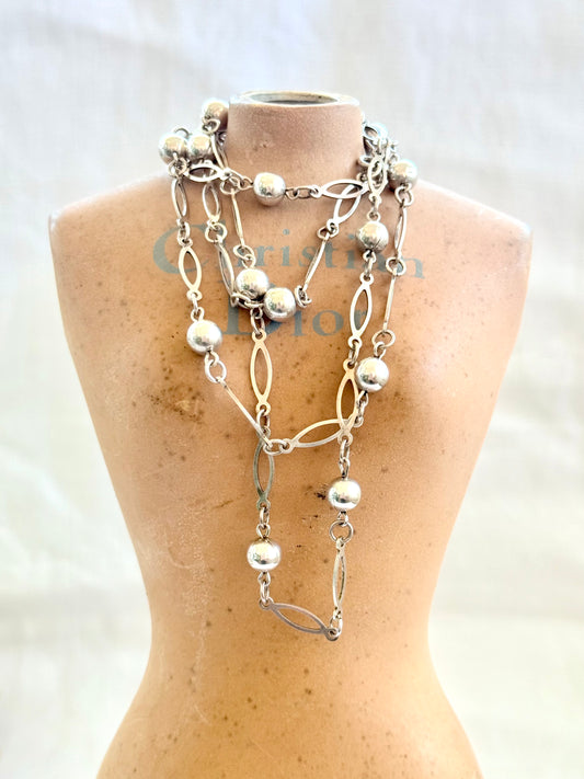 .1960s .1970s .89cm long .925 vintage fancy ball and navette oval form long silver fancy link chain necklace