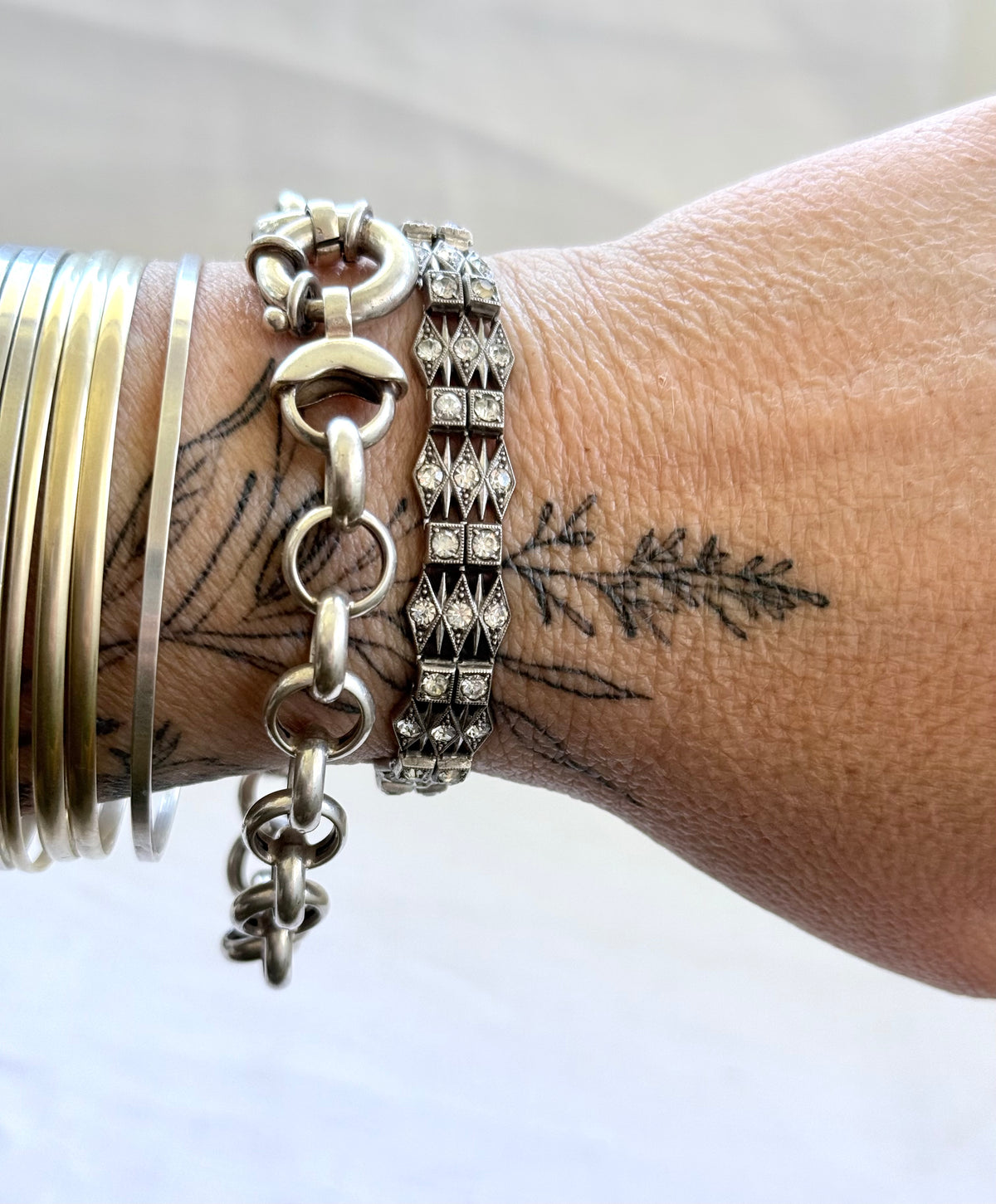 .1930s .1940s .925 Art Deco style diamond paste stone triple fancy link tennis style sterling silver tennis clasp bracelet