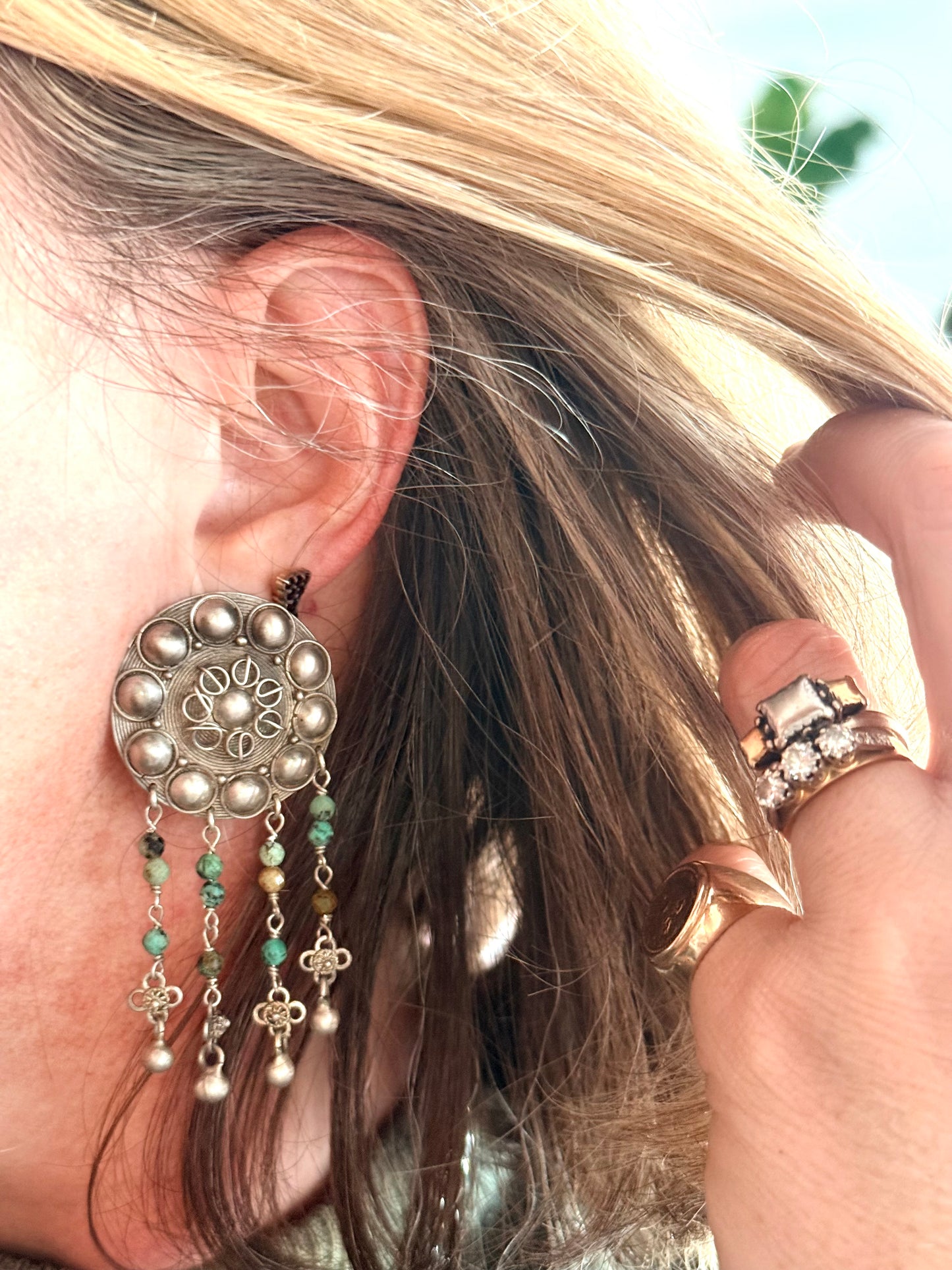 .925 HelenSilverSmit artisan made African Turquoise Tribal shield fringe dangle gemstone earrings