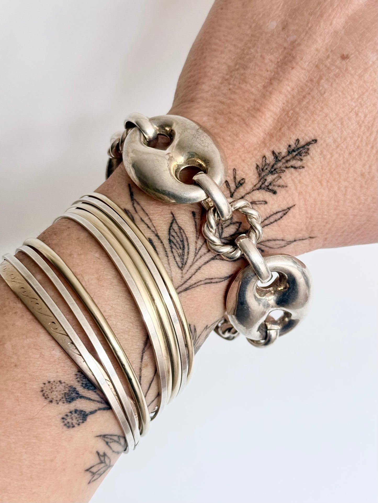 .1980s .1990s .925 Super Sized Chunky extra puffy gucci link mariners link sterling silver fancy twist link modernist oversized chain bracelet
