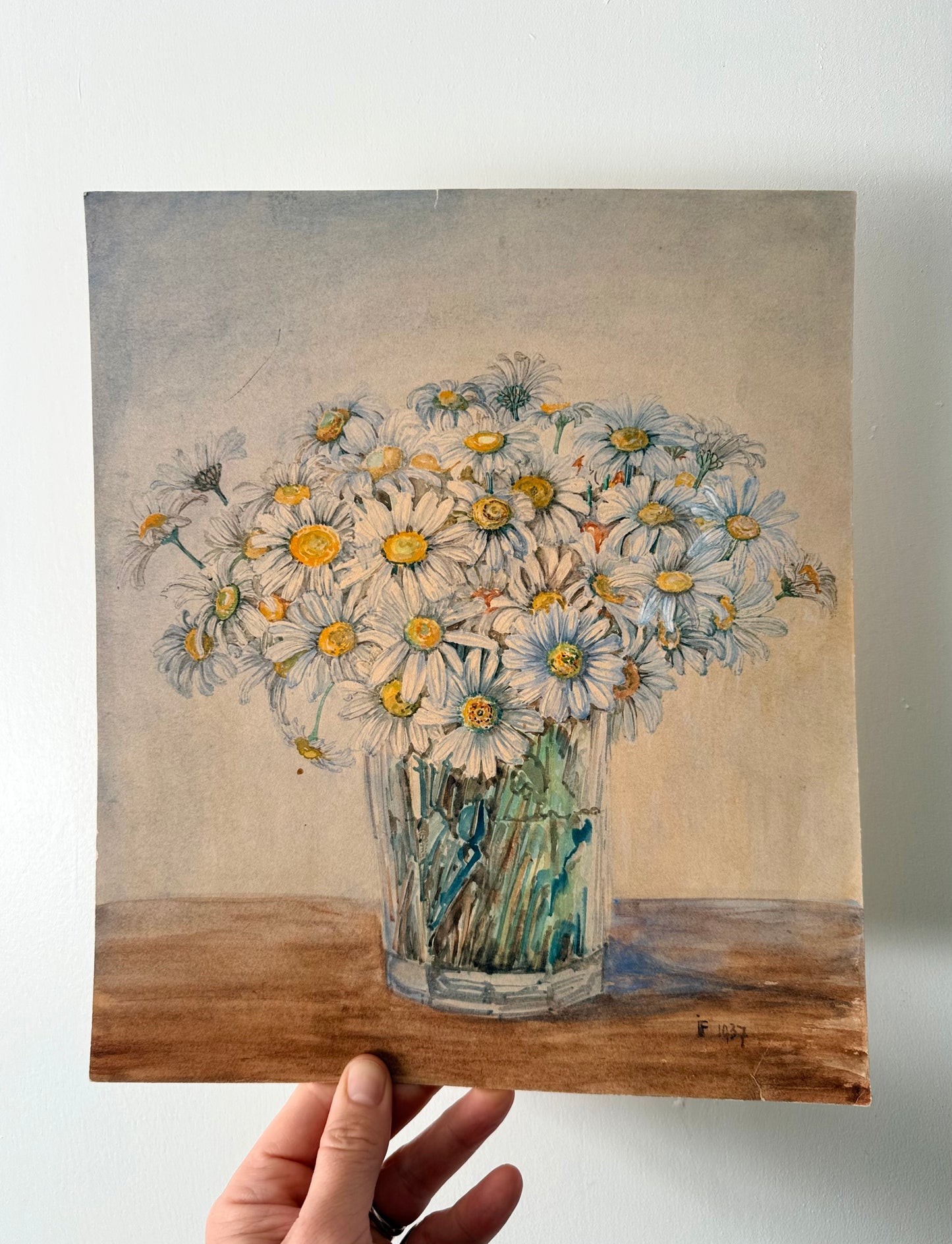 .1937 artist signed watercolour still life Daisies artwork art