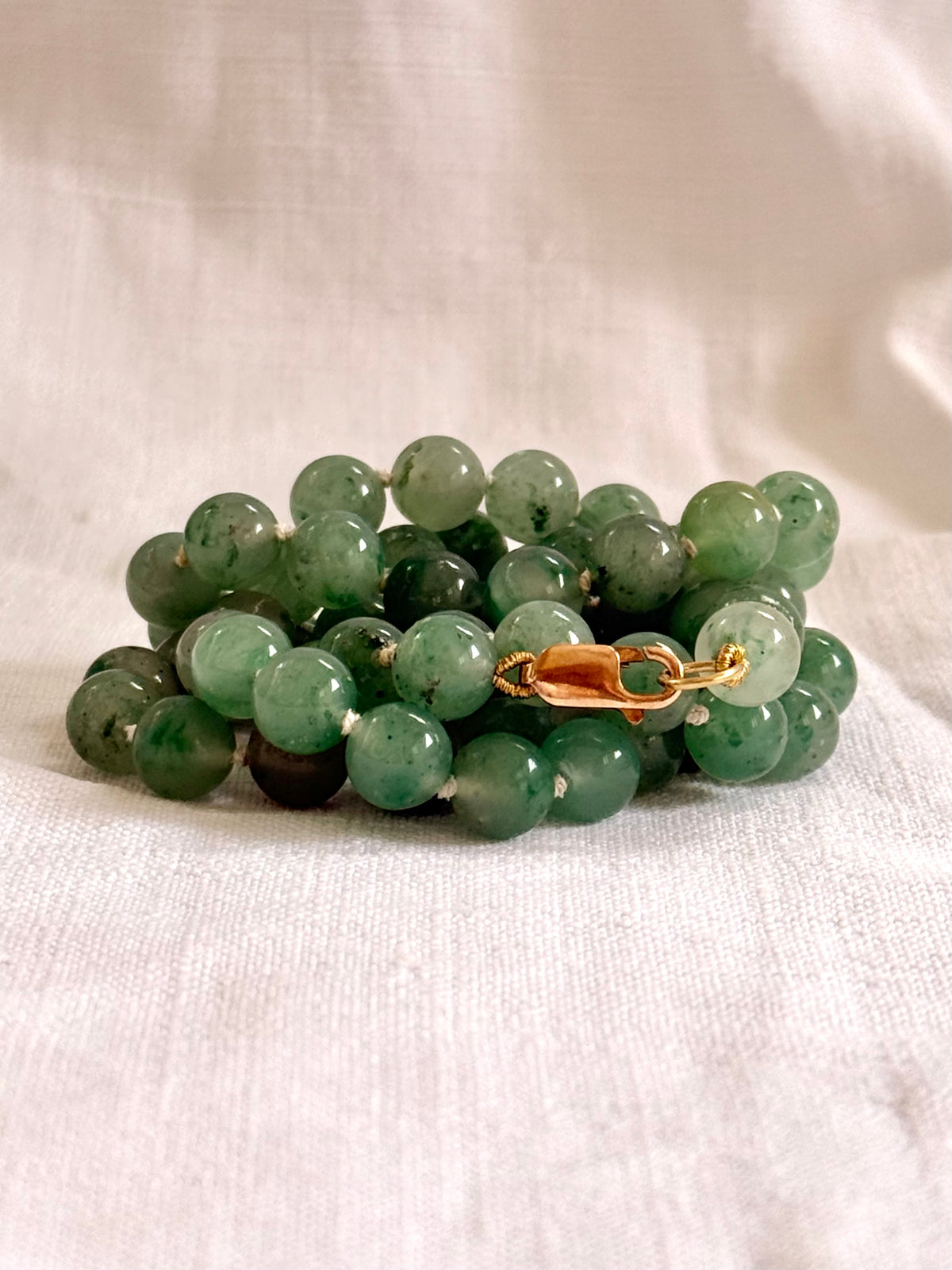 .375 .9ct gold and natural Aventurine “old Jade” long luxurious gemstone bead necklace