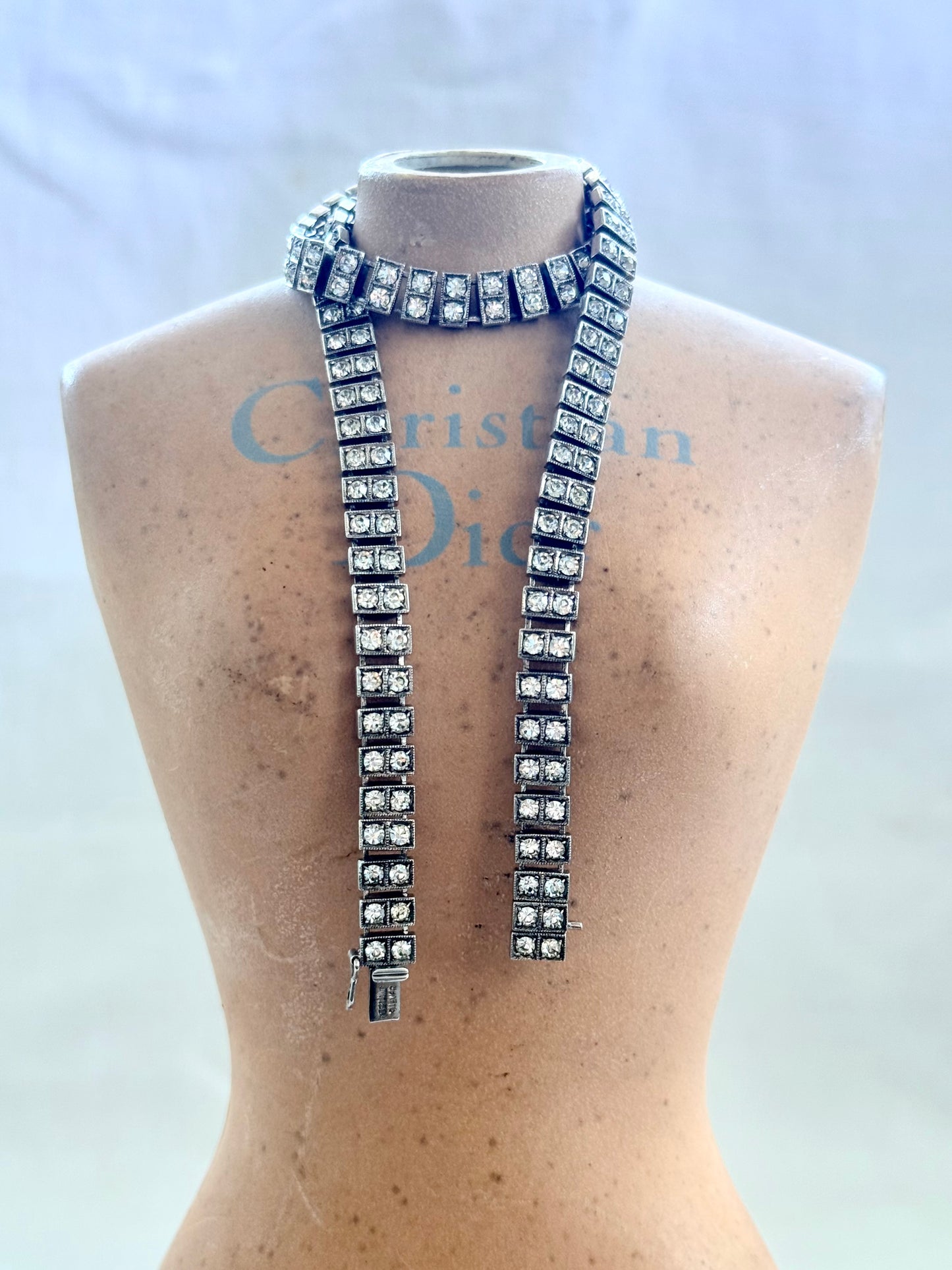 .1930s .1940s .925 Art Deco style double paste stone tennis style sterling silver choker necklace