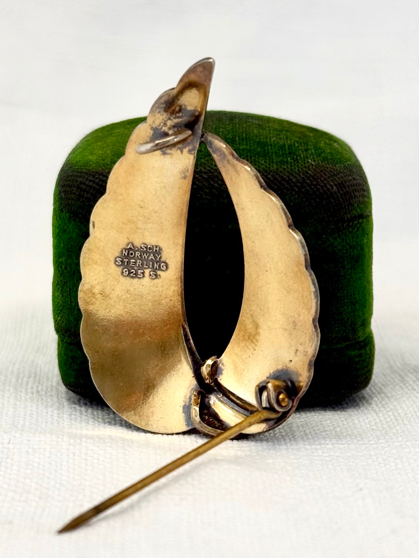 .1940s .925 Albert Scharning Norway silver and ice white guilloche enamel Viking leaf Scandinavian mid century modern designer brooch pin