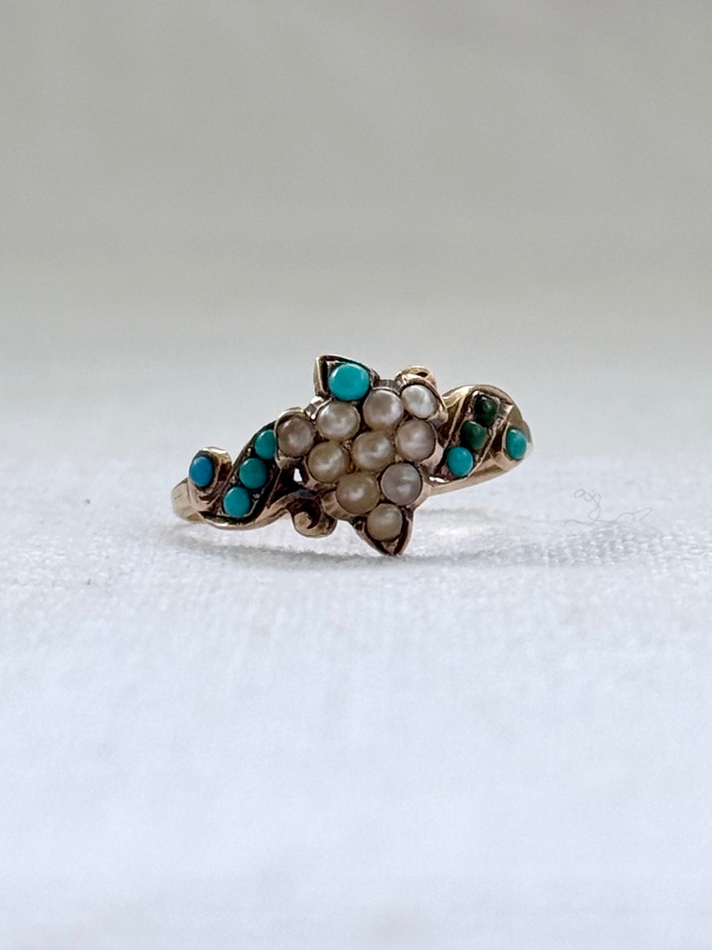 .1890s .1900s .375 .9ct antique buttery gold turquoise seed pearl grecian grape leaf Victorian gold sweetheart symbolic memory treasure ring