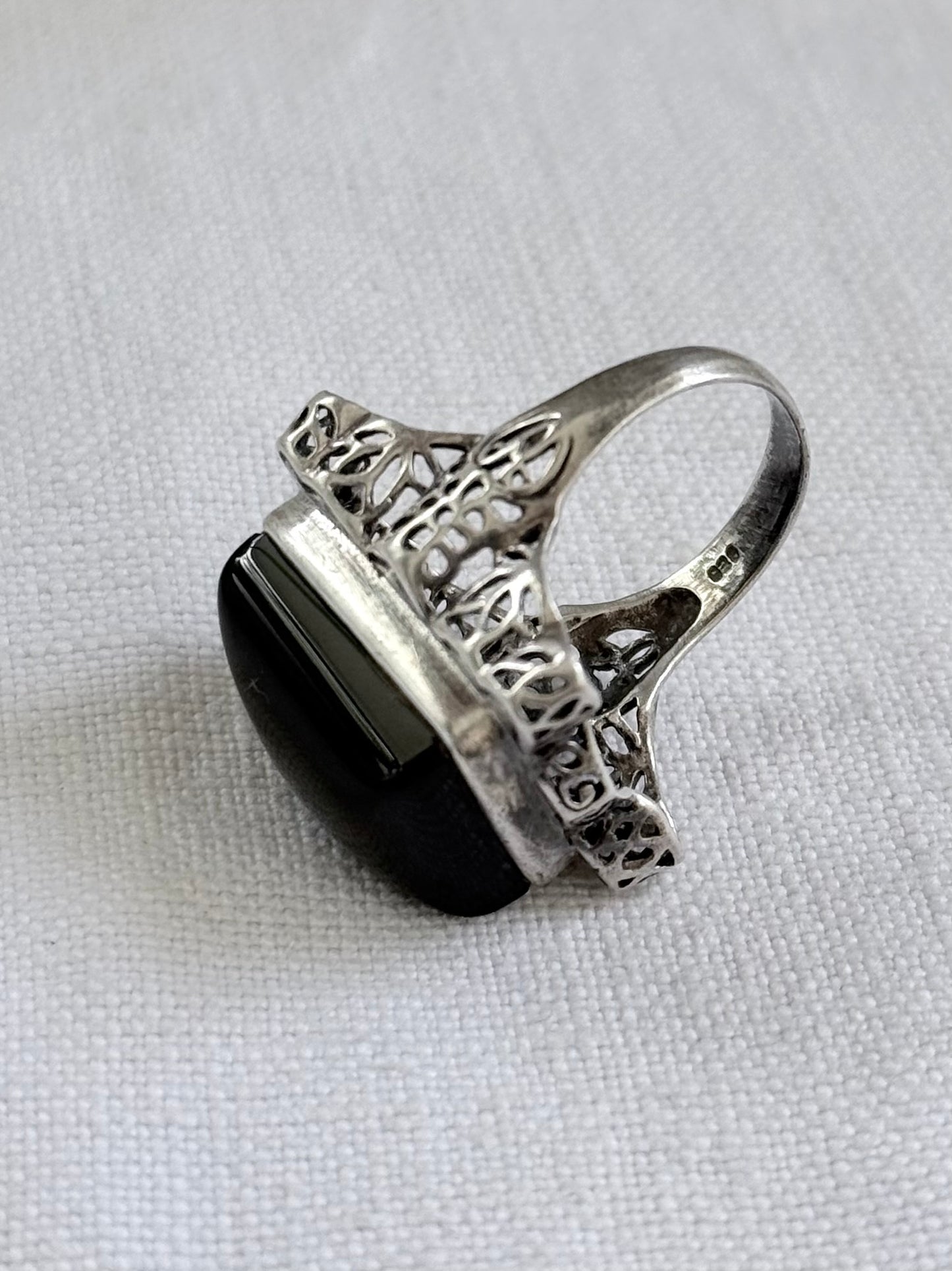 .925 artisan made large black Onyx cushion cut gemstone sterling silver lace cut statement dress cocktail ring