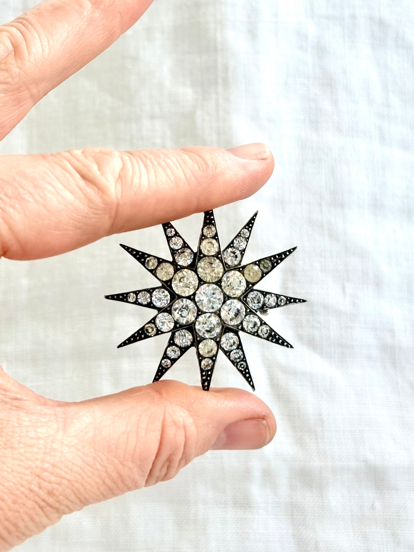 .1880s .1900s antique .900 silver Victorian Edwardian large Celestial starburst star bright hand cut paste gemstone true antique celestial star brooch