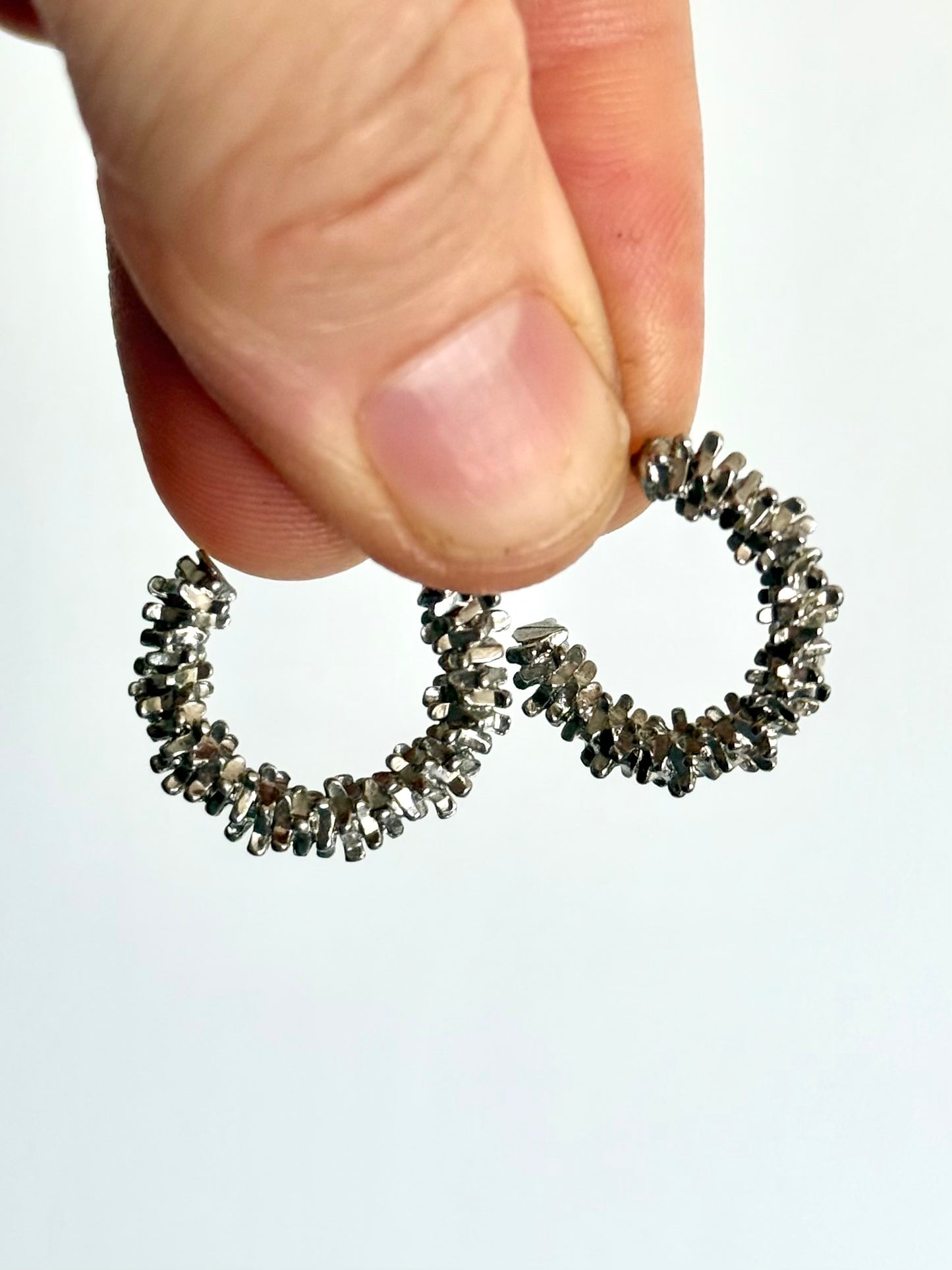 .925 Brutalist style tinsel textured sterling silver hoop push in stud earrings