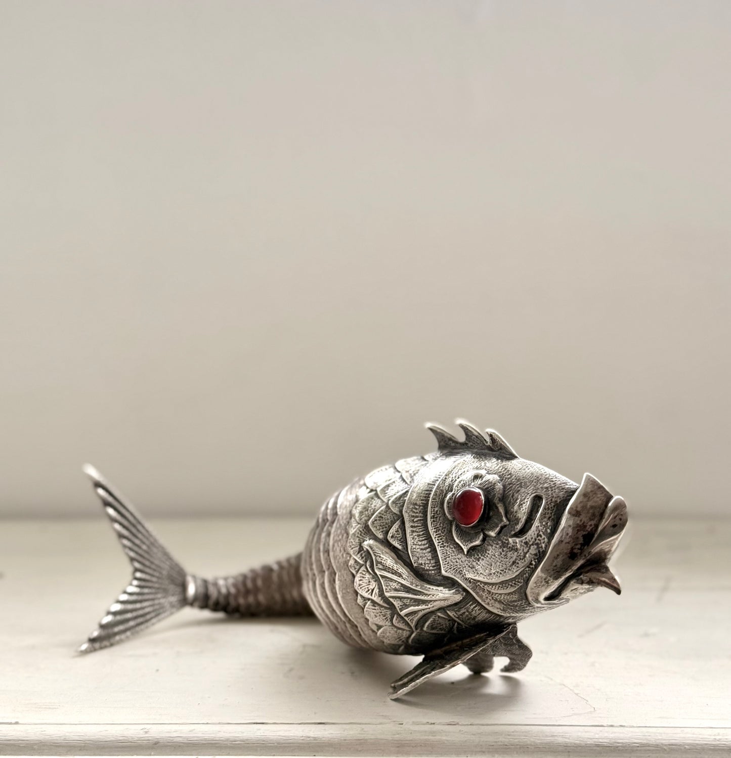 .1940s .915 articulated life sized hand made solid Spanish silver Large and magnificent artisan made Carb Fish rare treasured silver figural art statue
