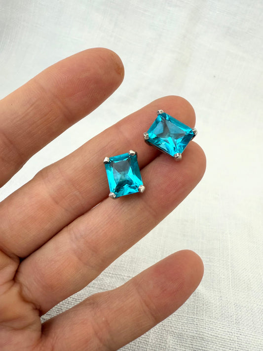 .925 1990s blue gemstone modernist large rectangular post stud modern sterling silver earrings