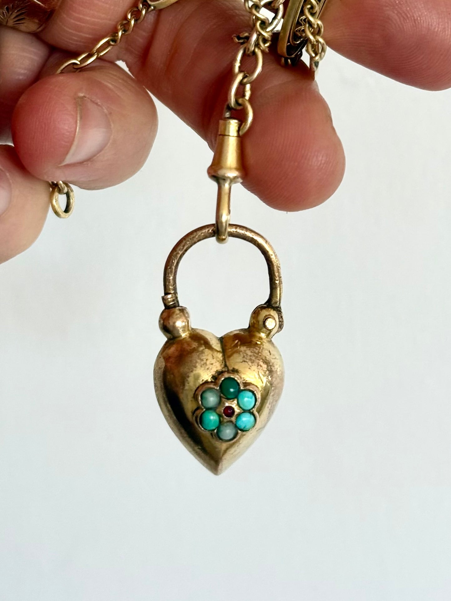 .1800s .1860s antique Georgian to Victorian era collectors heavy Gold fill large puffy heart antique gemstone padlock clasp pendant