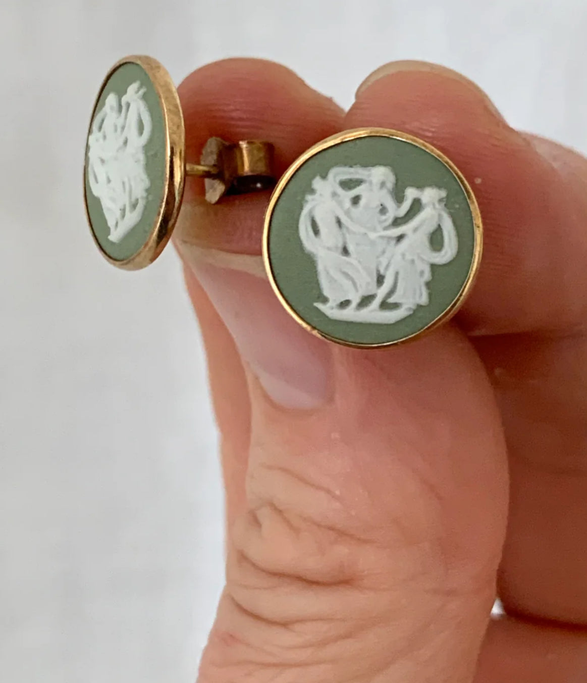 .1970s .375 .9ct gold Wedgwood green Jasperware Three Graces dancing Grecian ladies Cameo ceramic post stud earrings