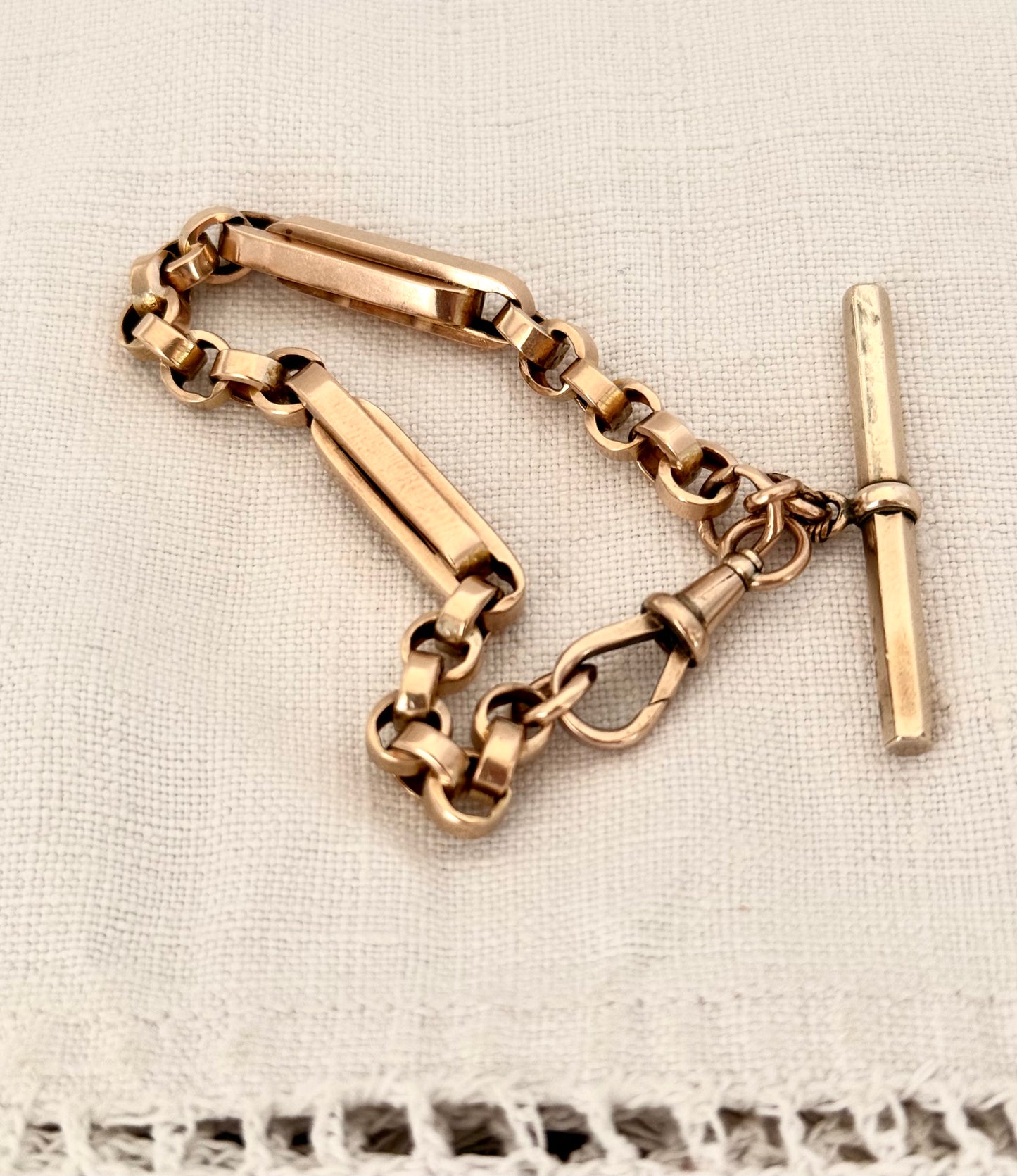 .1890s .1900s .9ct antique chunky gold fancy link double paper clip link fob chain with oversized T bar bracelet