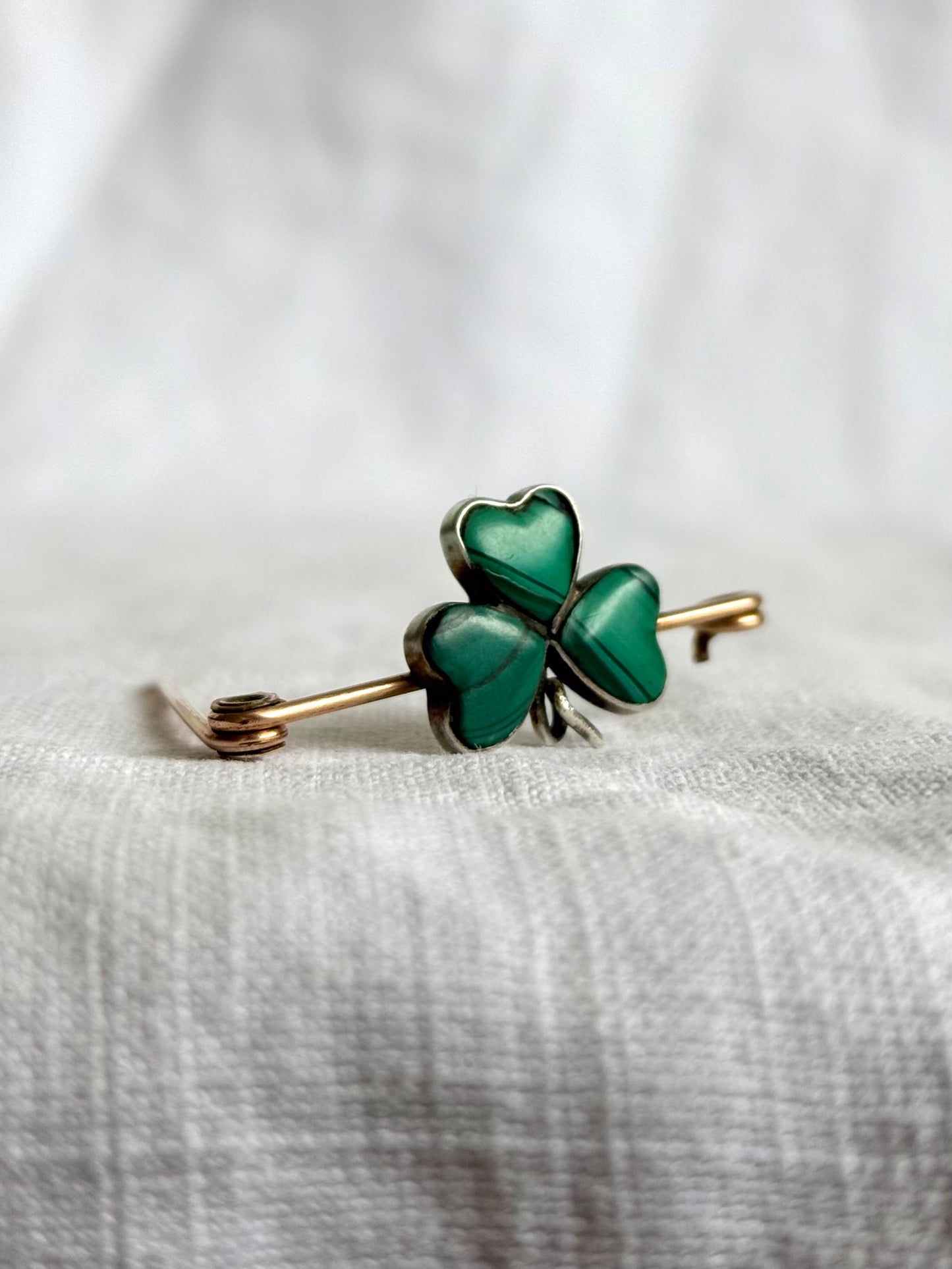 .1900s .1910s Clover Lucky token Malachite green gemstone three leaved faith token sweetheart brooch