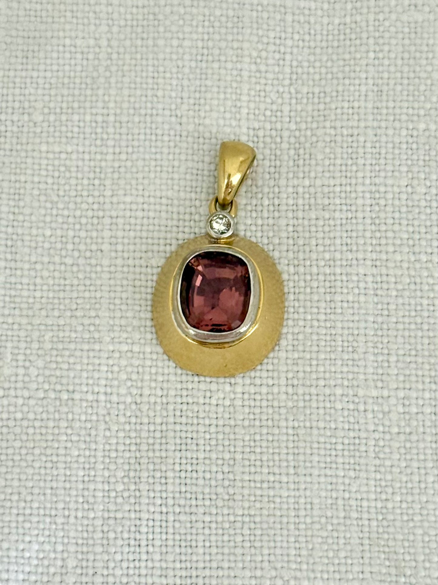 .18ct diamond and Pink Tourmaline modernist form high carat yellow gold luxury gemstone pendant