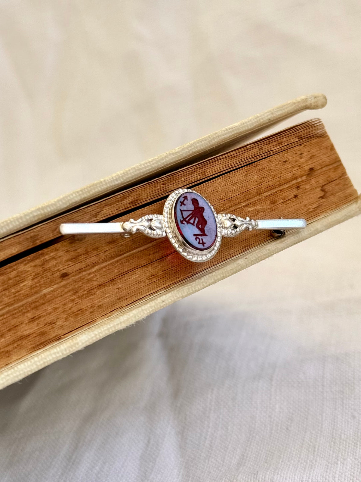 .1920s .925 Art Deco revival 1940s Zodiac Sagittarius reverse crystal glass intaglio sterling silver bar brooch