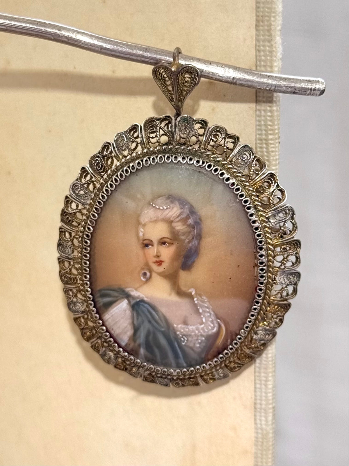 .1930s .1940s .800 Artist gold and silver incredible hand painted miniature Baroque revival portrait in fine silver filigree brooch and pendant