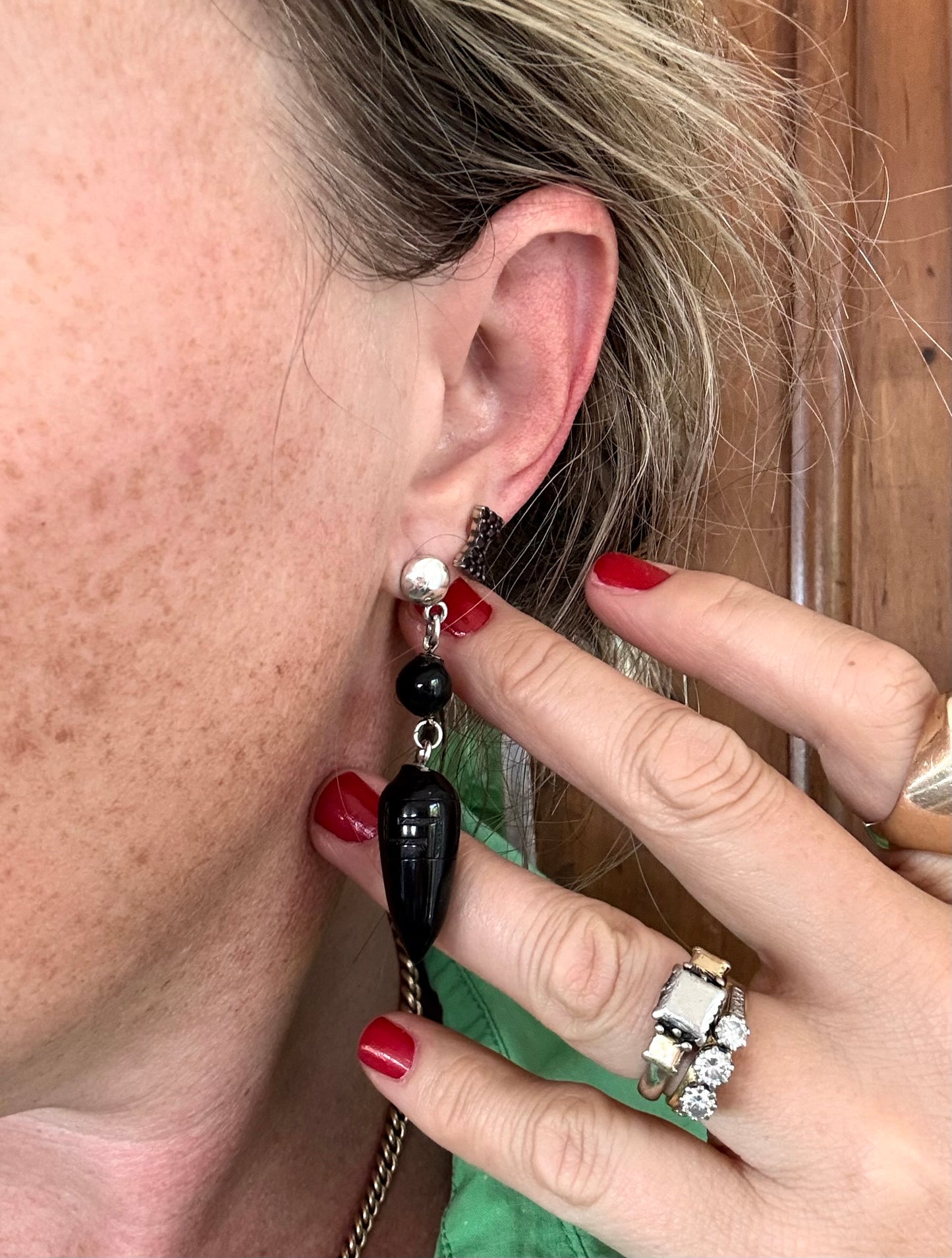 .1860s 835 silver Hellenistic revival Victorian Whitby Jet torpedo drop earrings