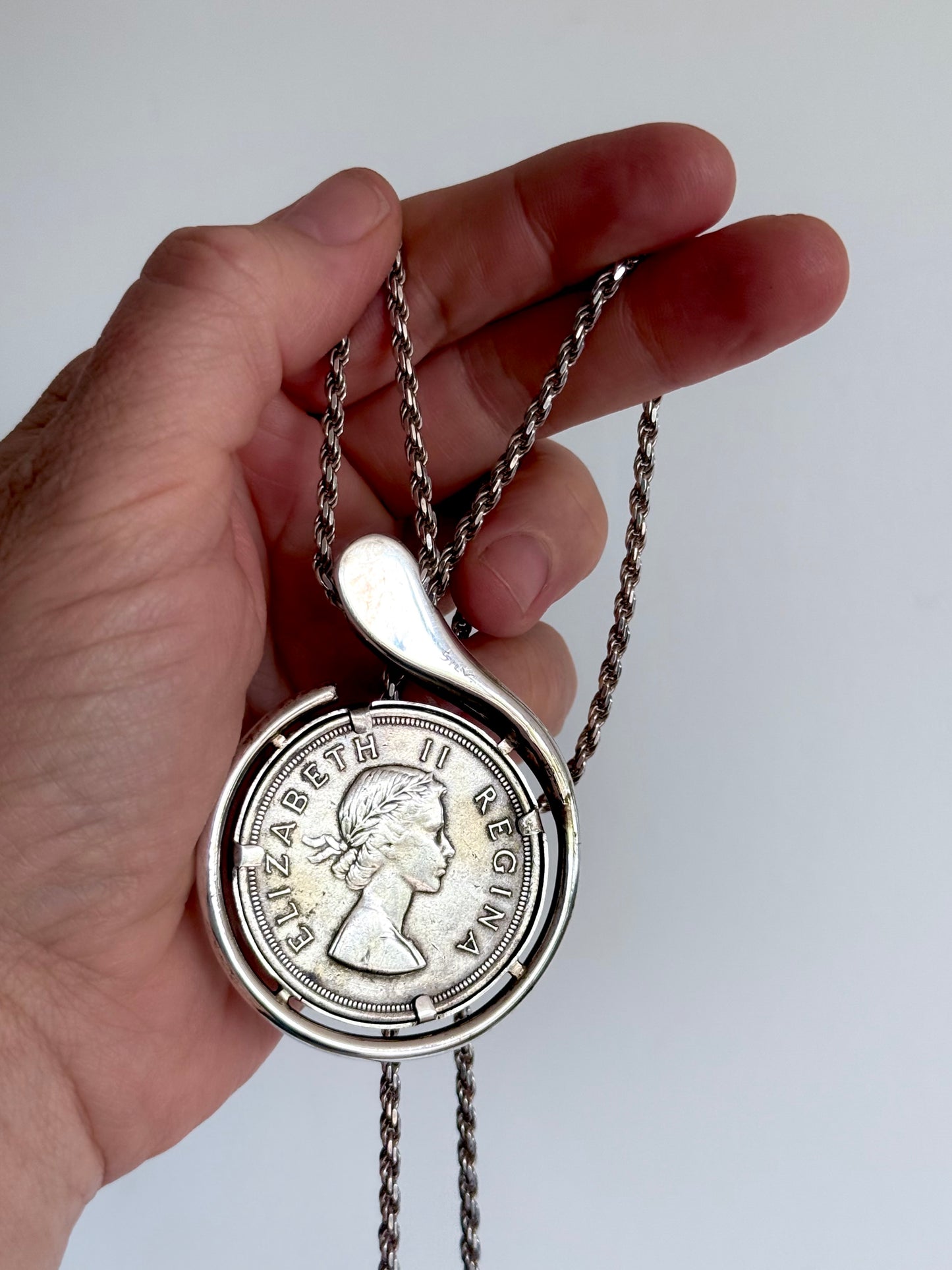 .1953 .500 silver and .925 silver large modernist statement South African 5 Shillings Silver Coin pendant and long rope weave chain necklace
