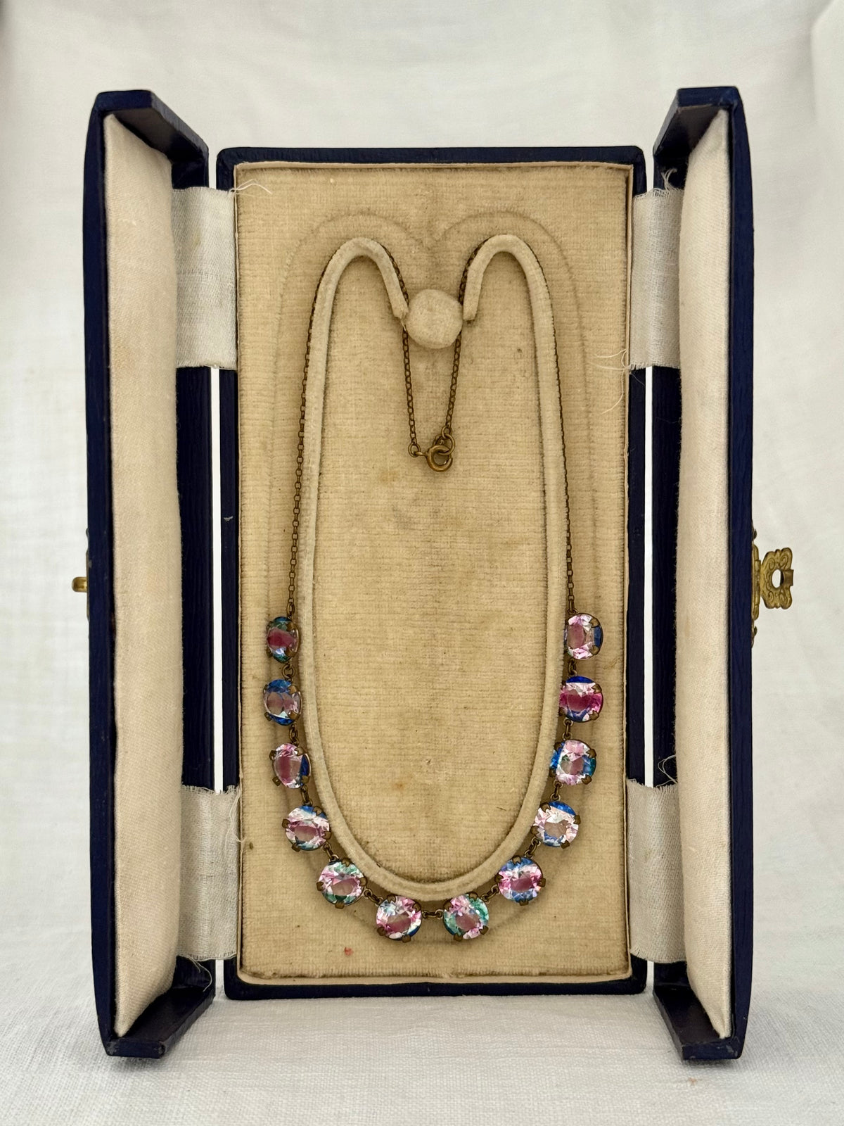 .1920s .1930s Iris Glass Riviera necklace and earring set in original presentation box