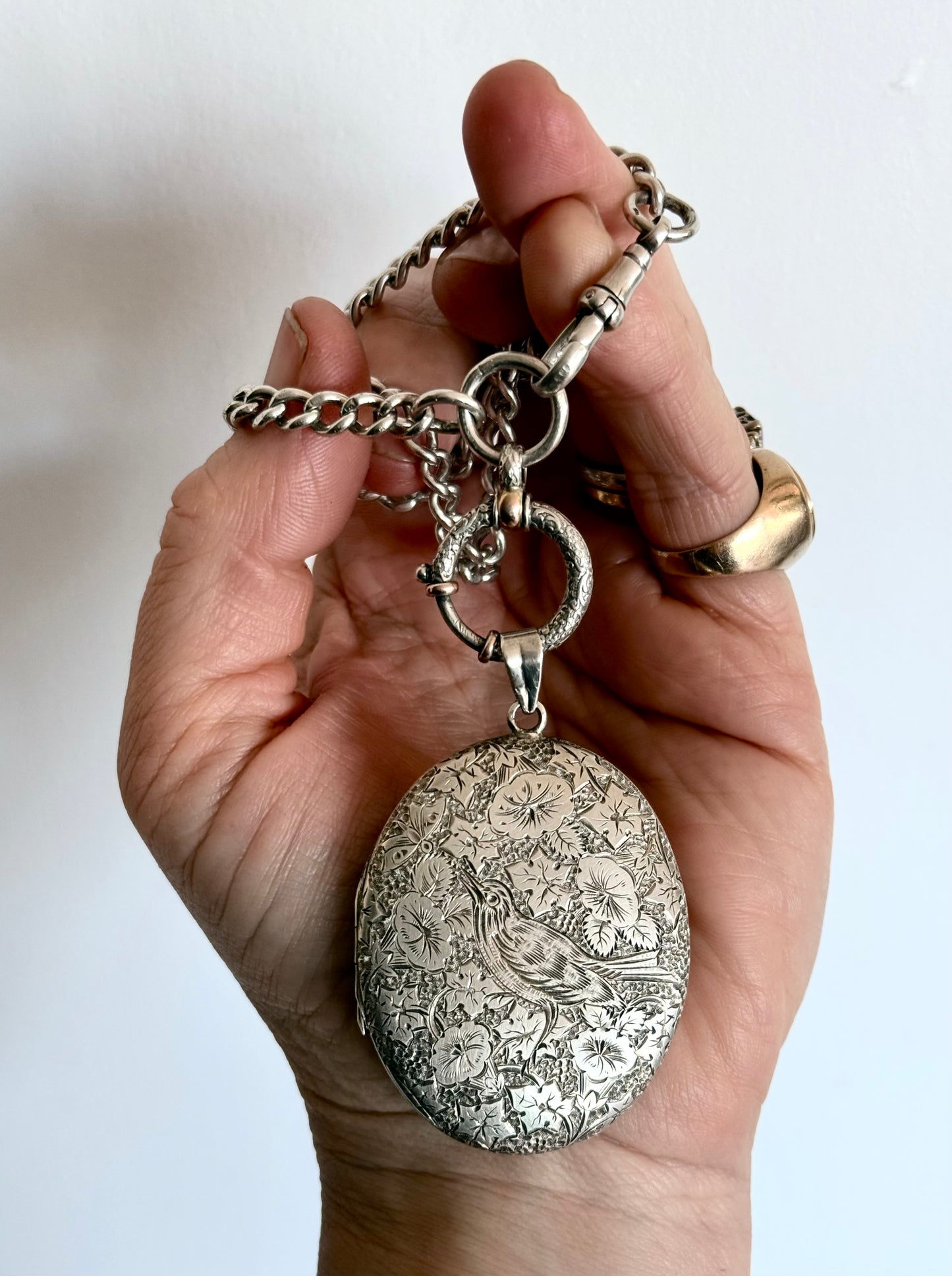 .1880s .1890s .925 large Victorian Aesthetic deep engraved Swallow and floral detailed antique French sterling silver locket