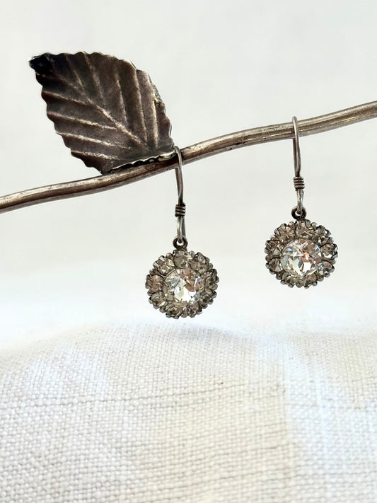 .1920s .925 antique Art Deco Edwardian diamond paste halo floret gemstone luxury sterling silver dangle earrings