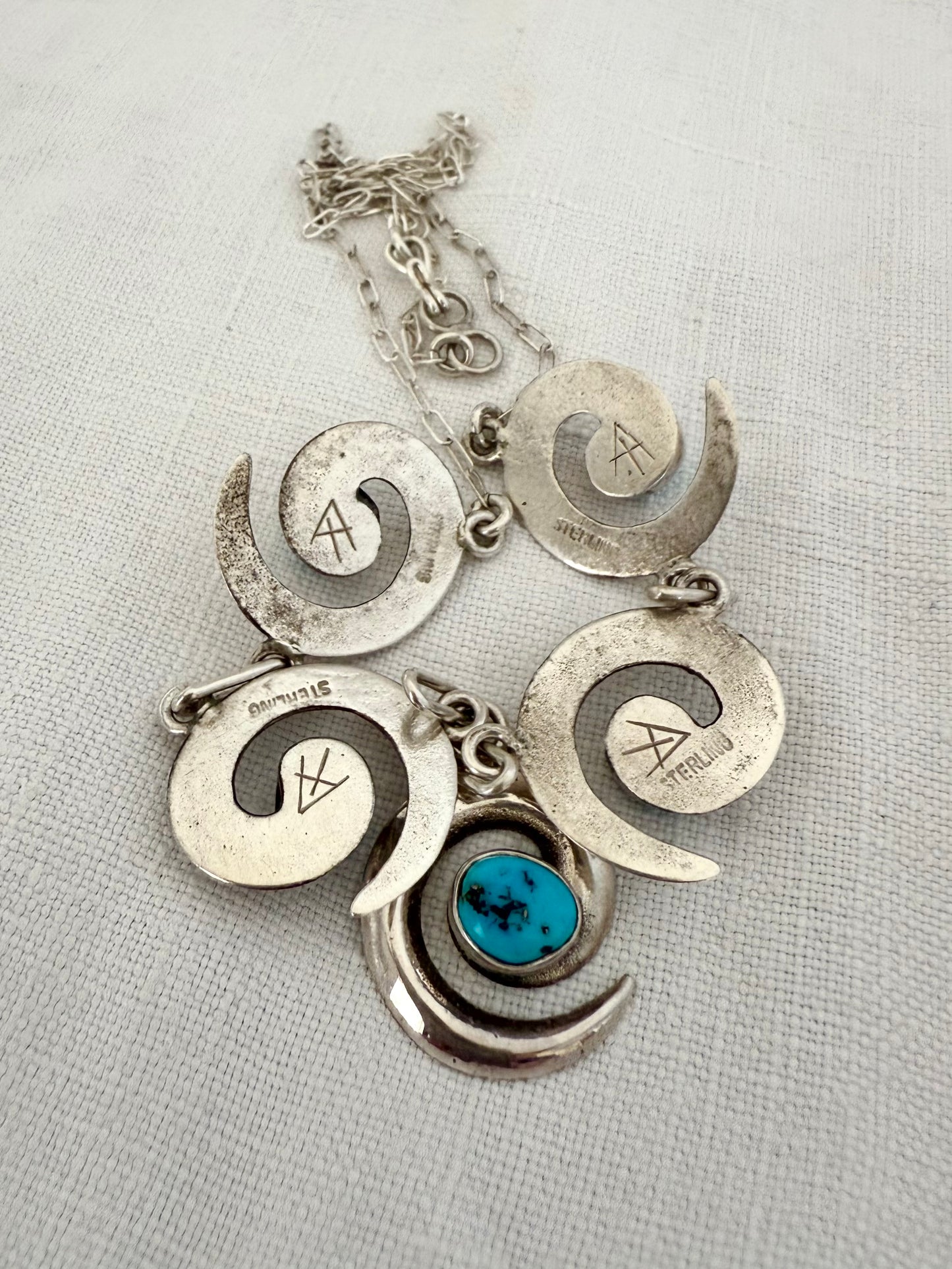 .1970s .925 artisan made Navajo silversmith turquoise silver swirl pattern necklace and designer Mildred Parkhurst earring set