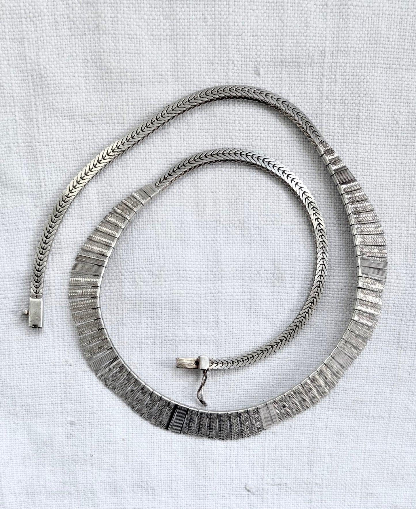 .1960s .1970s .925 Cleopatra Bib styled Scallop form textured form Mid Century Modern bib sterling silver necklace