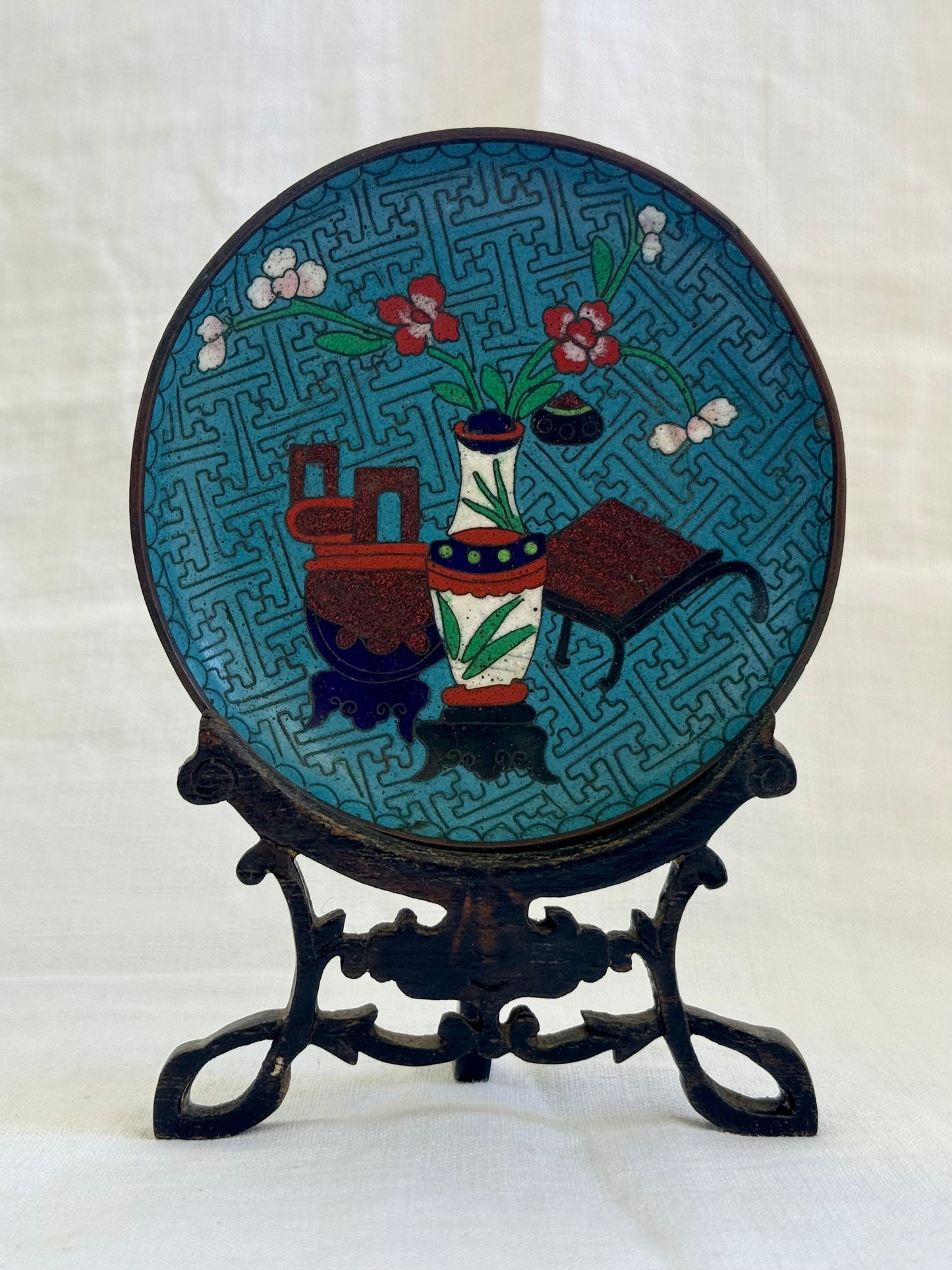 .1940s .1950s .2 plate Chinese Oriental cloisonne enamel plates with antique wooden display stand